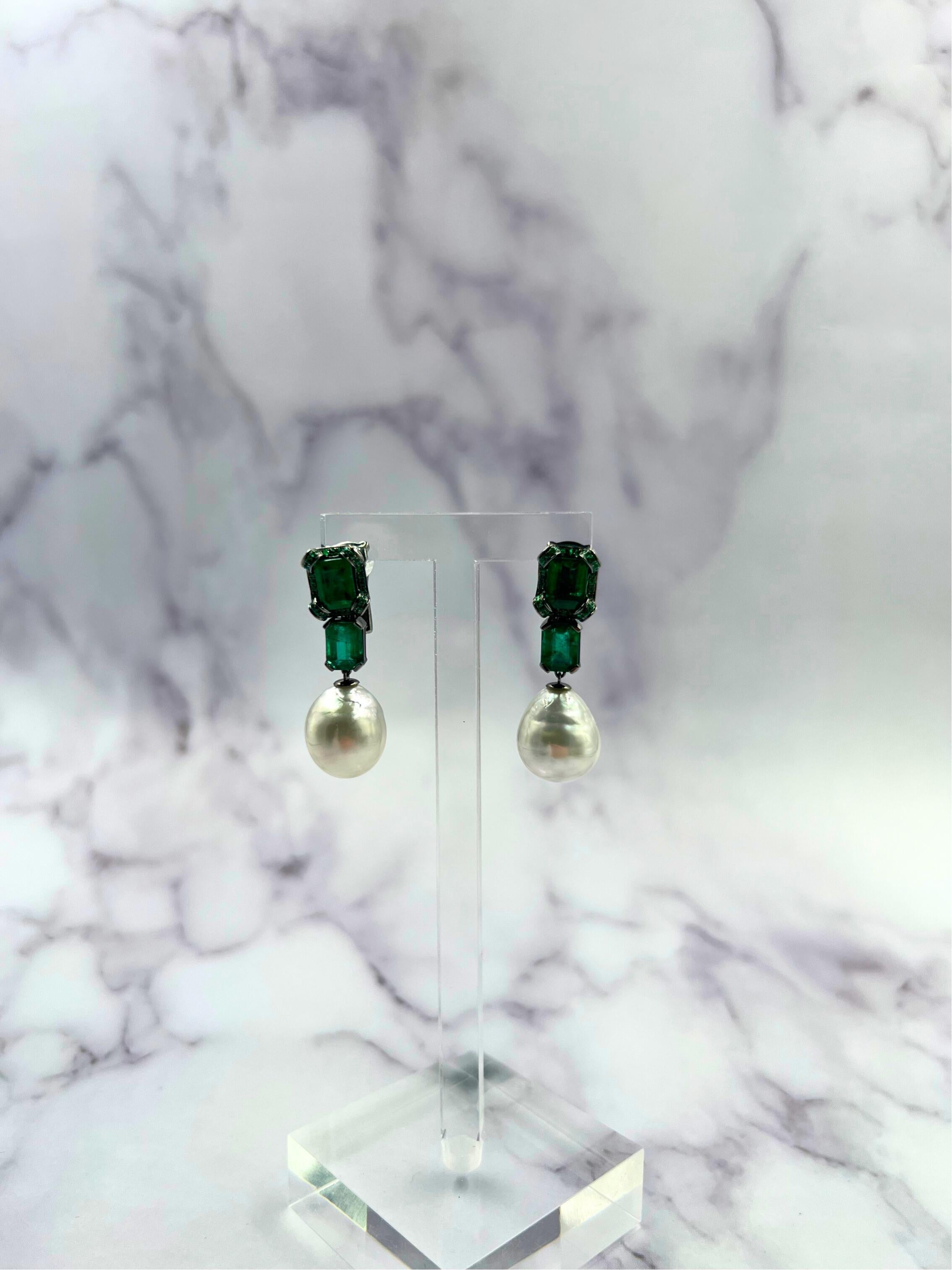 Silvery White South Sea Pearl Drop Emerald Pave 18k White Black Gold Earrings For Sale 8