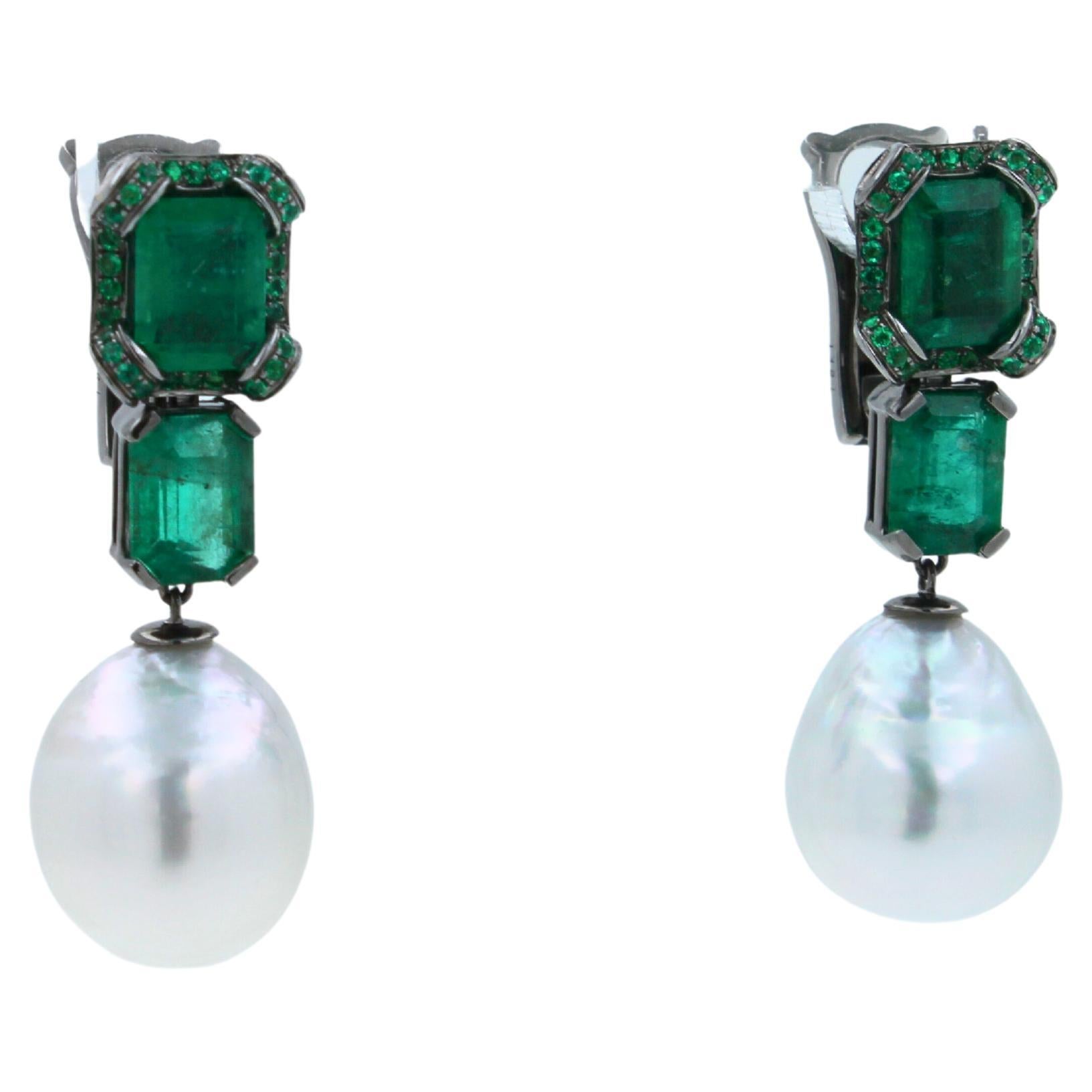 Modern Silvery White South Sea Pearl Drop Emerald Pave 18k White Black Gold Earrings For Sale