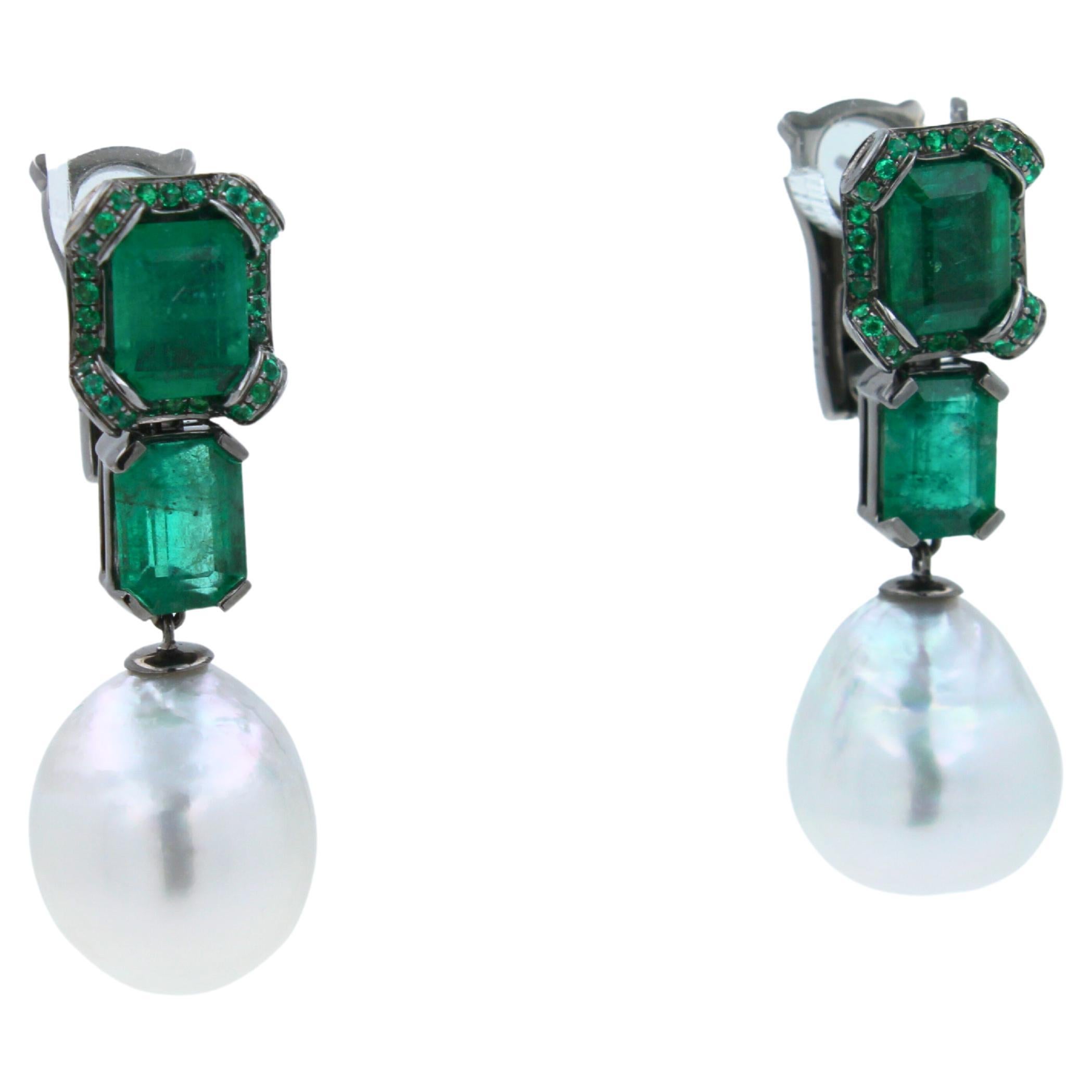 Pear Cut Silvery White South Sea Pearl Drop Emerald Pave 18k White Black Gold Earrings For Sale