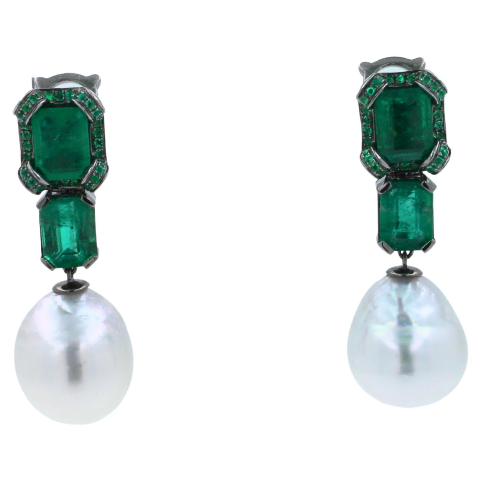 Silvery White South Sea Pearl Drop Emerald Pave 18k White Black Gold Earrings In New Condition For Sale In Oakton, VA