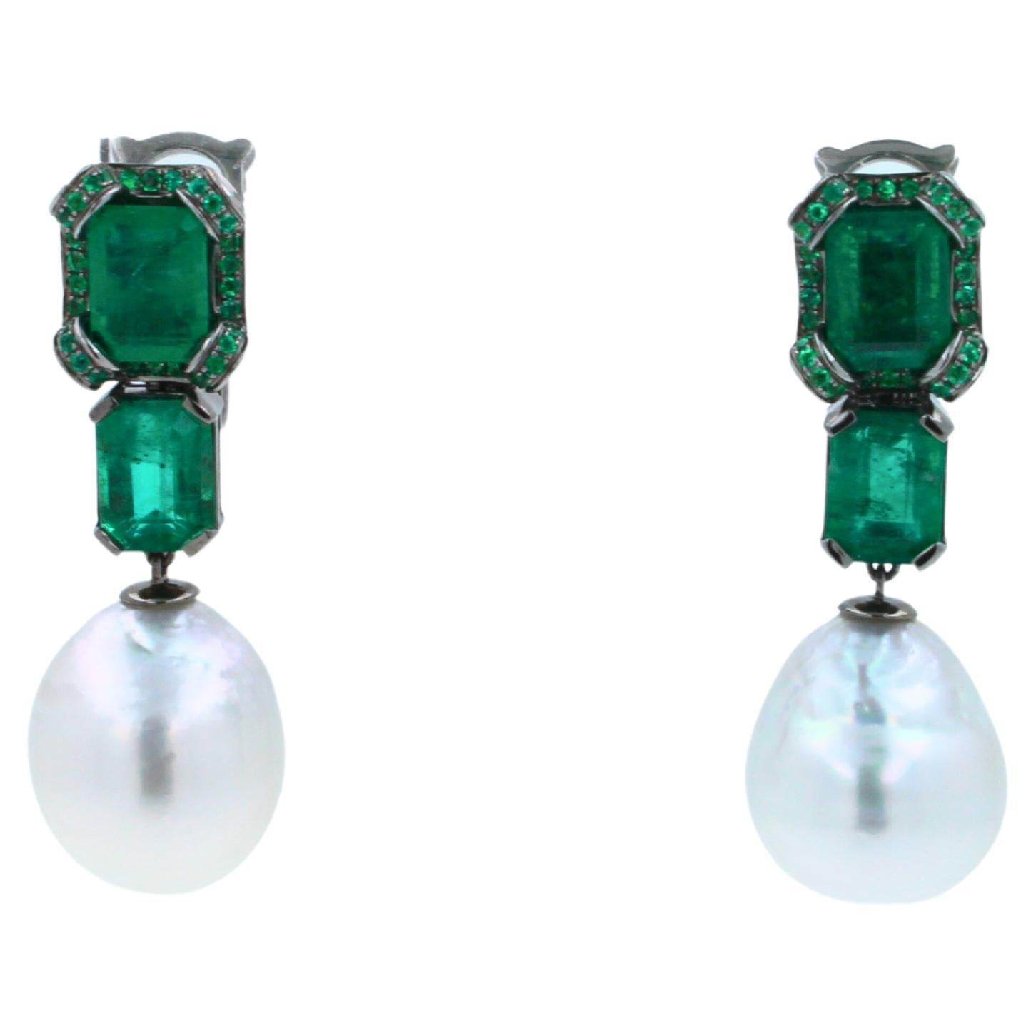 Women's or Men's Silvery White South Sea Pearl Drop Emerald Pave 18k White Black Gold Earrings For Sale