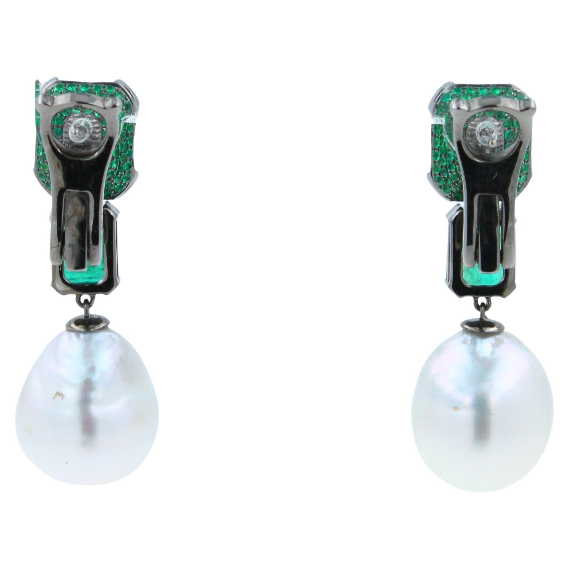 Silvery White South Sea Pearl Drop Emerald Pave 18k White Black Gold Earrings For Sale 2
