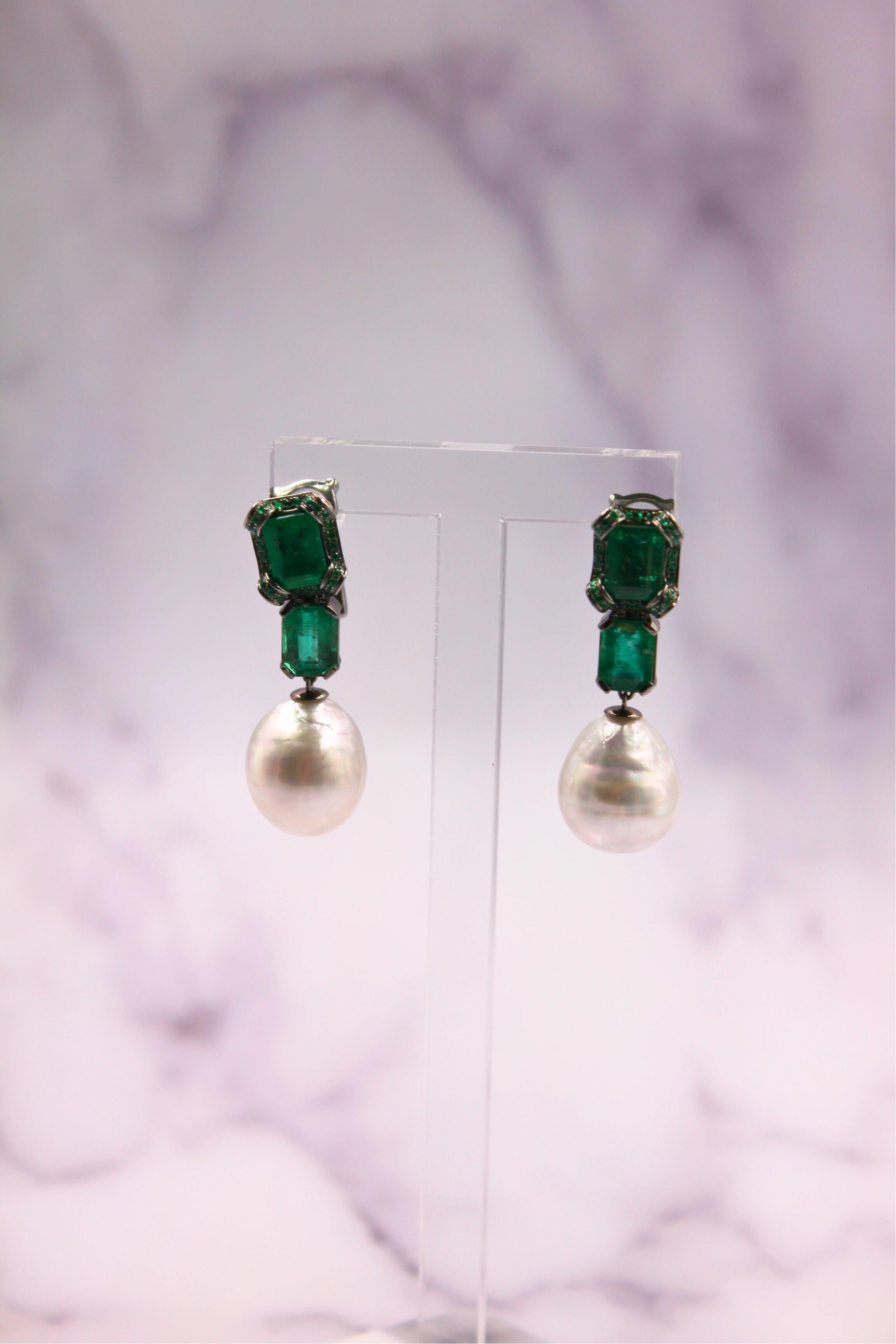 Silvery White South Sea Pearl Drop Emerald Pave 18k White Black Gold Earrings For Sale 3