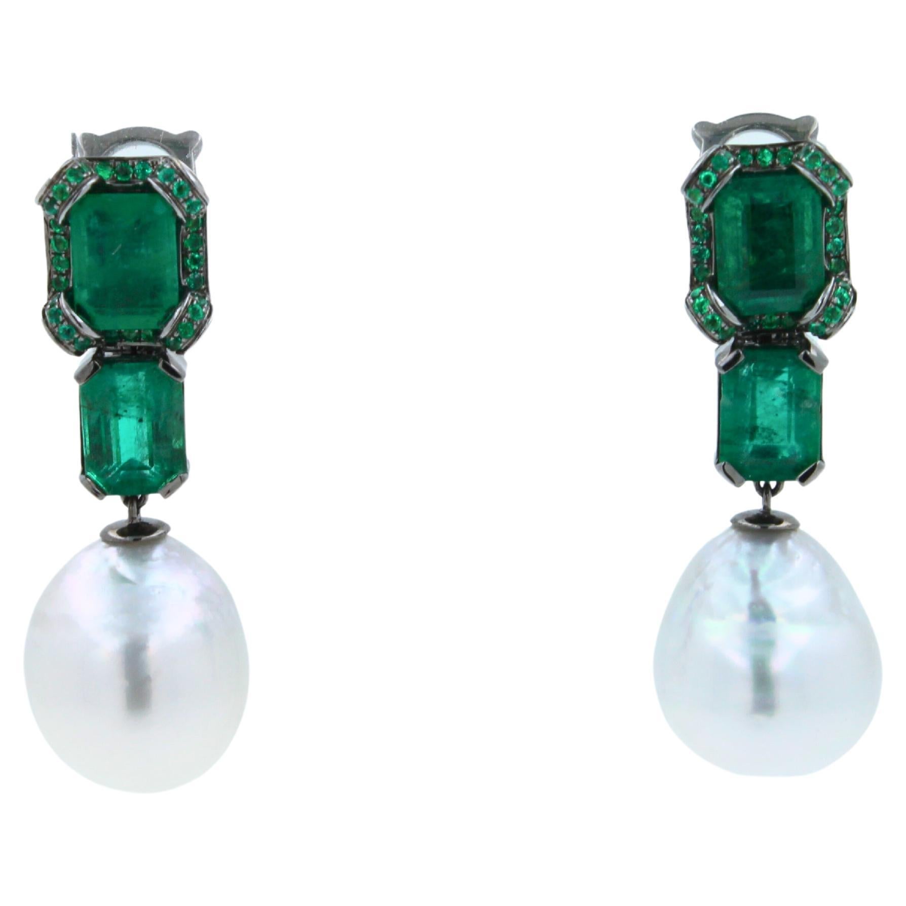 Silvery White South Sea Pearl Drop Emerald Pave 18k White Black Gold Earrings For Sale