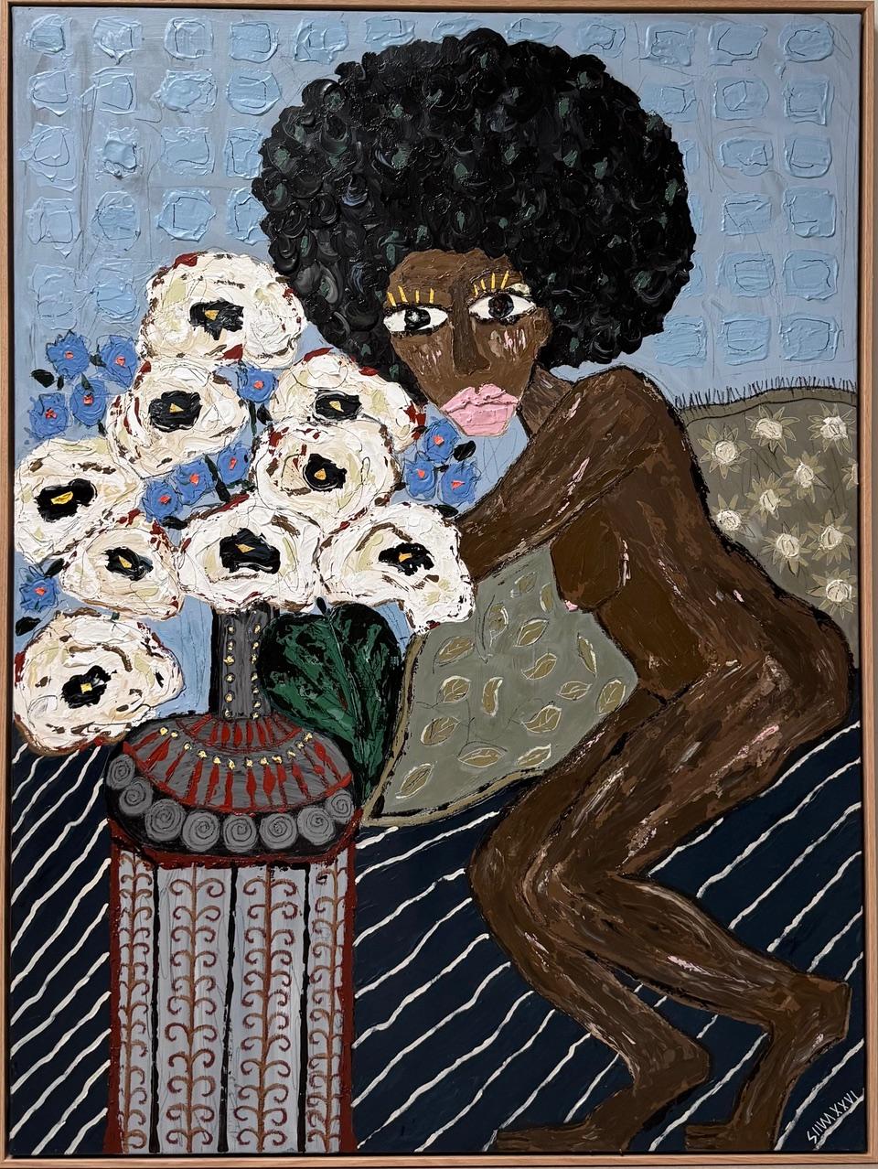 Mit dem Thema Frau beschäftigt sich die Künstlerin seit mehreren Jahren. Dieses Kunstwerk war das erste Bild, das den Anstoß für die gesamte Serie gab.
Die Künstlerin hat sich von einem Werk von Matisse inspirieren lassen. Hier beugt sich die Frau