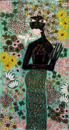 Zeitgenössische Mischtechniken – Silvia Calmejane – Frau, Blumen, Farbe