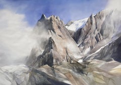 great grey and light blue mountain peaks by Italian fine landscape watercolorist