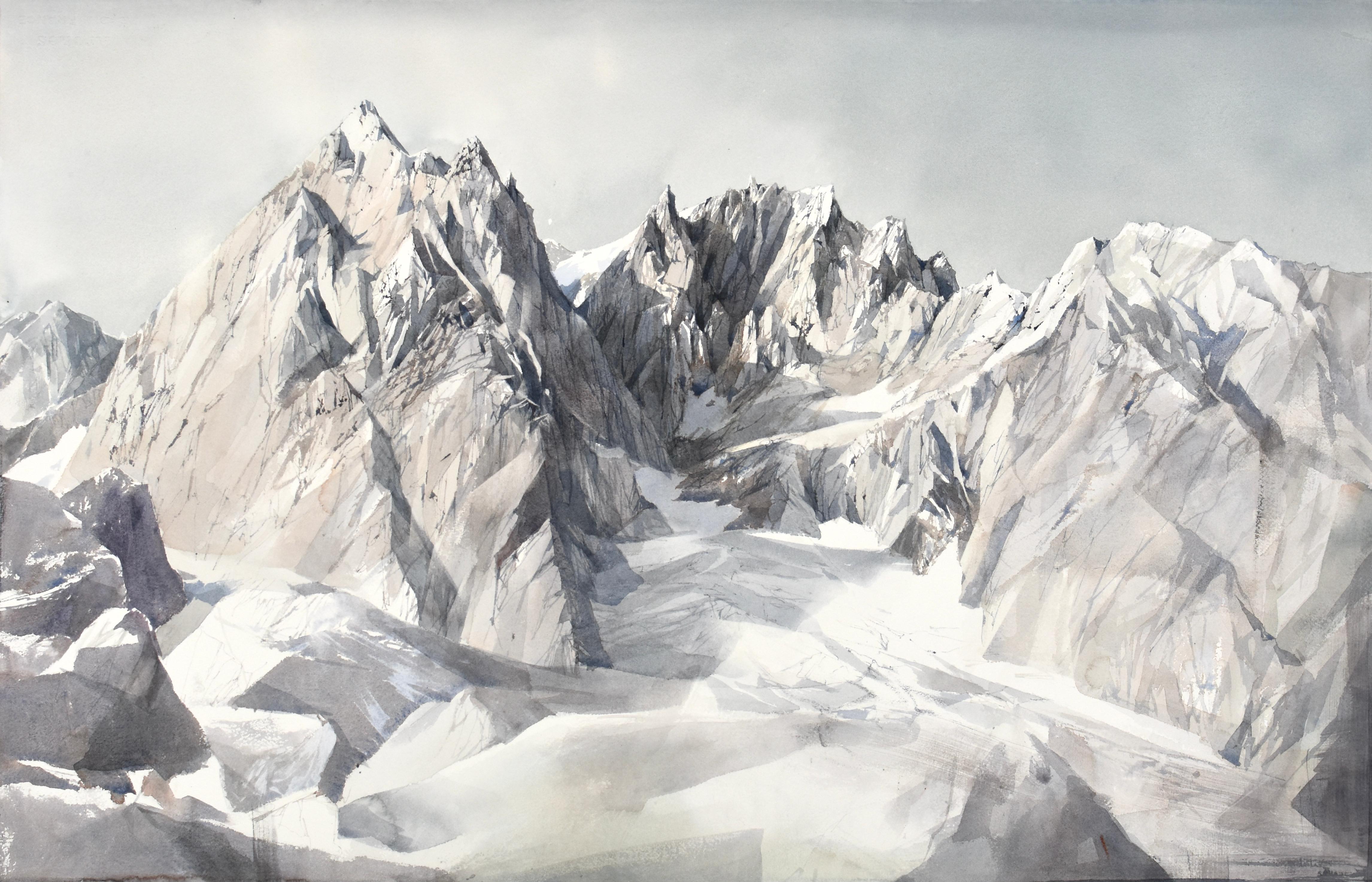 Impressive grey Italian mountain tops by fine watercolorist, winter landscape
