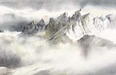 Italian snowy and clouded mountains, gray and white watercolor painting 