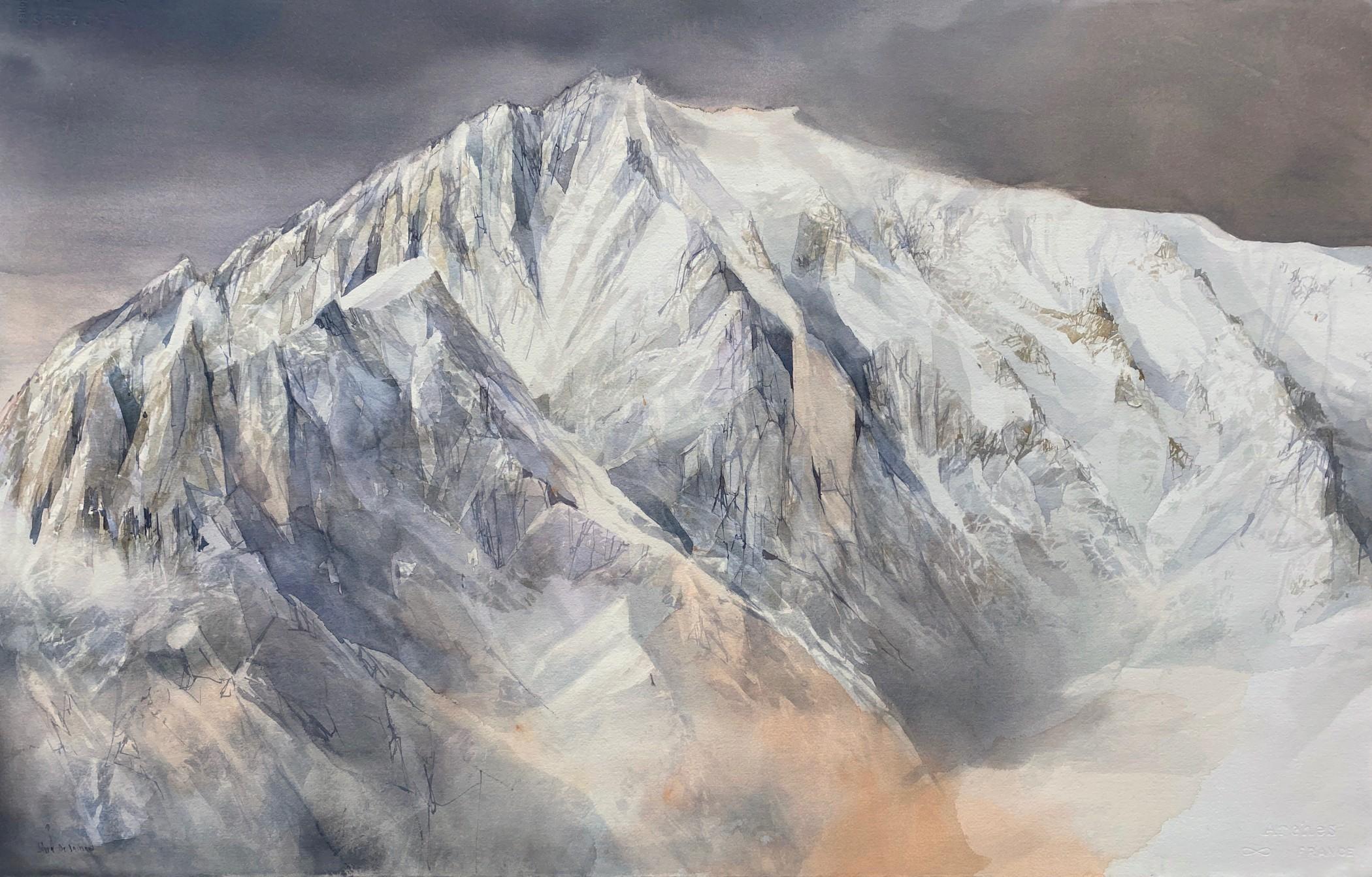Silvia De Bastiani Figurative Painting - Mont blanc watercolor painting by master italian painter