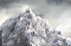Stormy grey and white great Italian watercolor landscape mountain peak