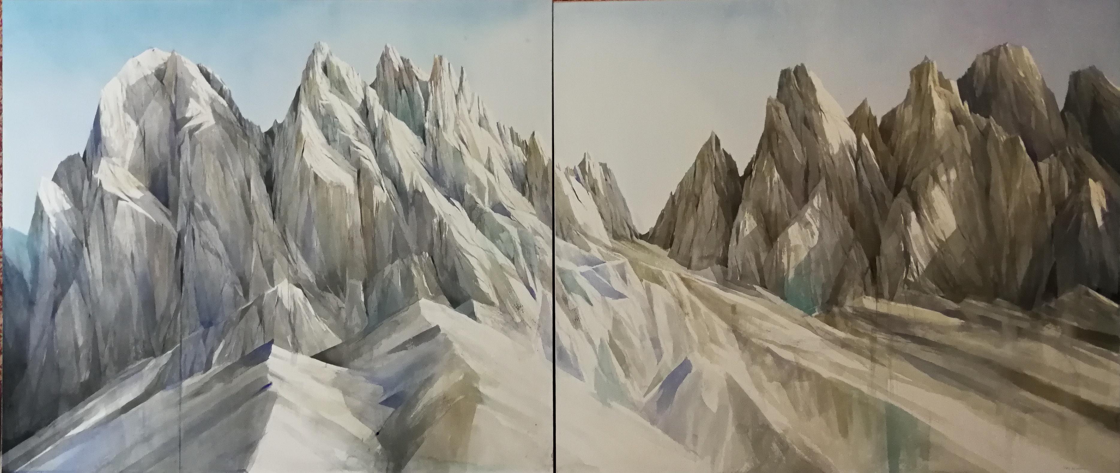 Silvia De Bastiani Landscape Painting - Unique mountain peak diptych of gray and white by Italian master watercolorist