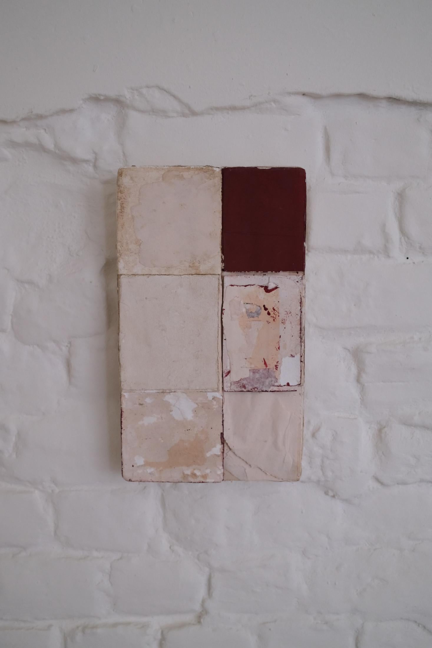Timeworn Paper Artwork in White and Red, 2024 - 'Color Lento' - Gray Abstract Drawing by Silvia De Marchi