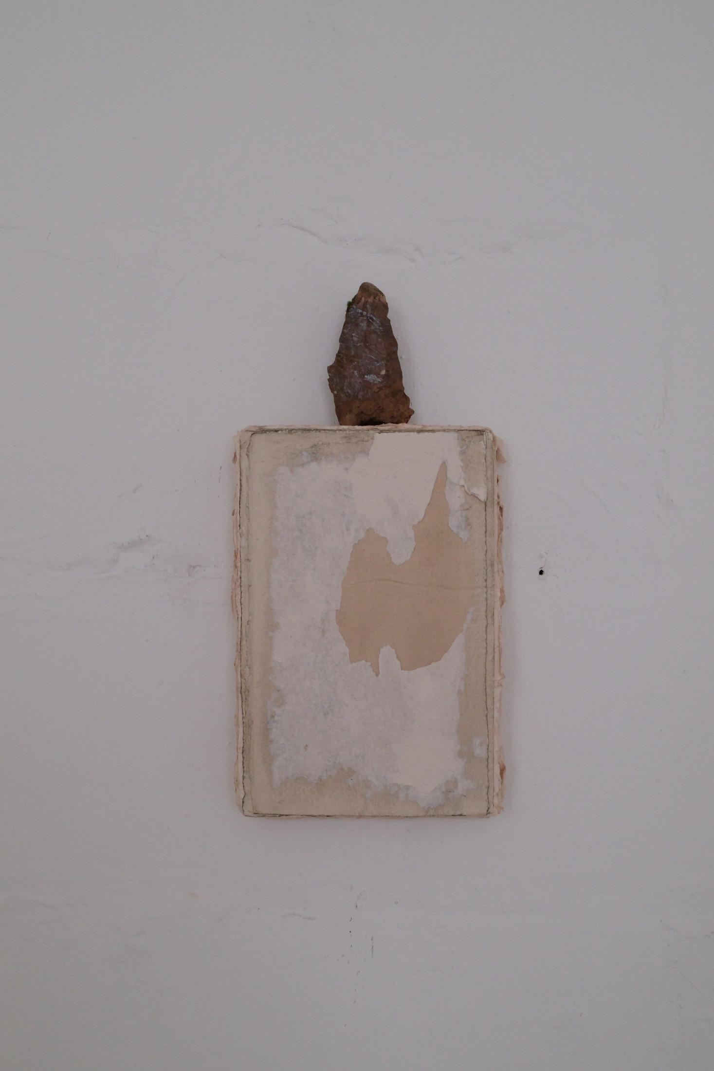 Minimalist White Paper Work with a Stone, 2024 - 'Montagne Acque Rocce 01' - Gray Abstract Drawing by Silvia De Marchi