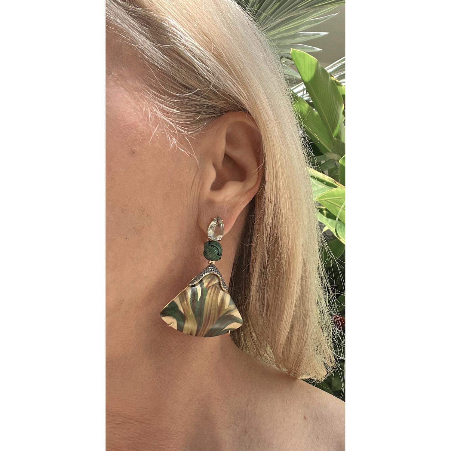 Pear Cut Silvia Furmanovich 18k Gold Aquamarine Wood Marquetry Earrings For Sale