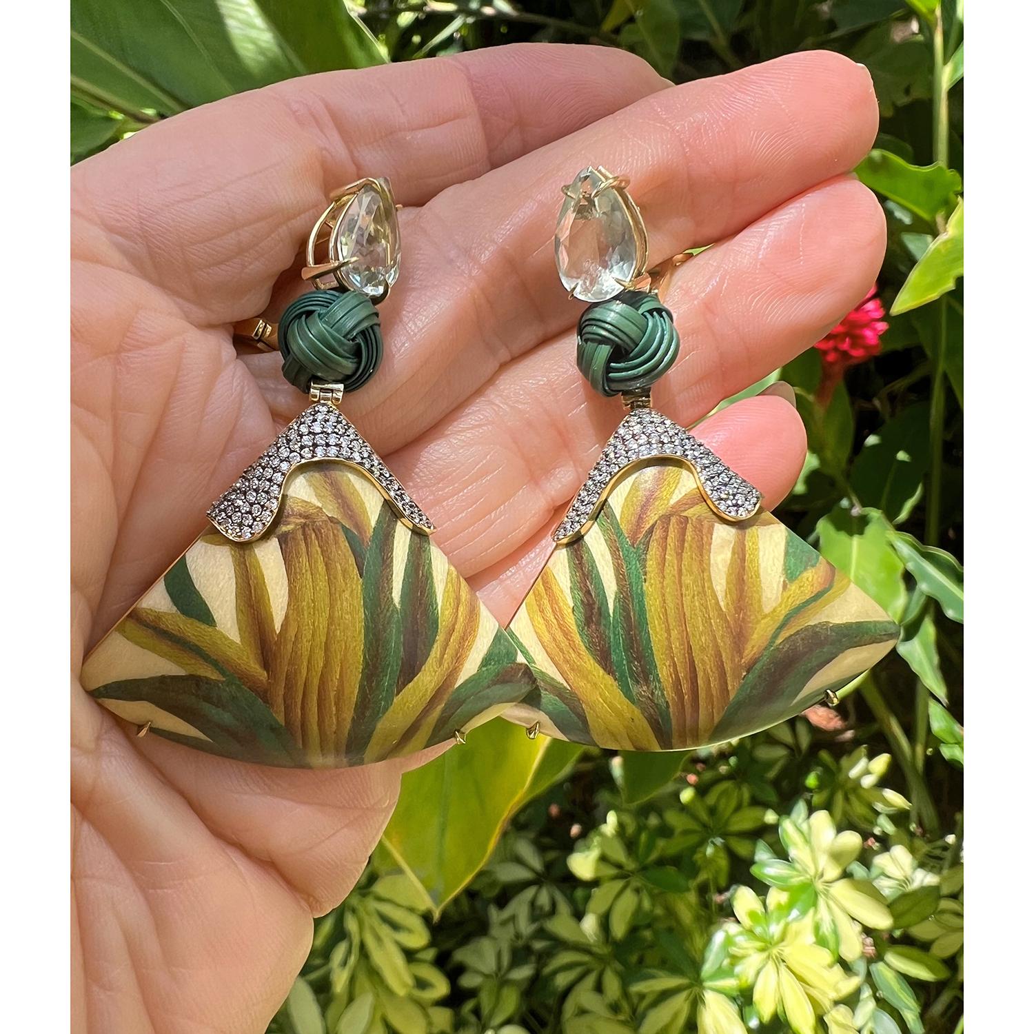 Silvia Furmanovich 18k Gold Aquamarine Wood Marquetry Earrings In Excellent Condition For Sale In Palm Beach, FL