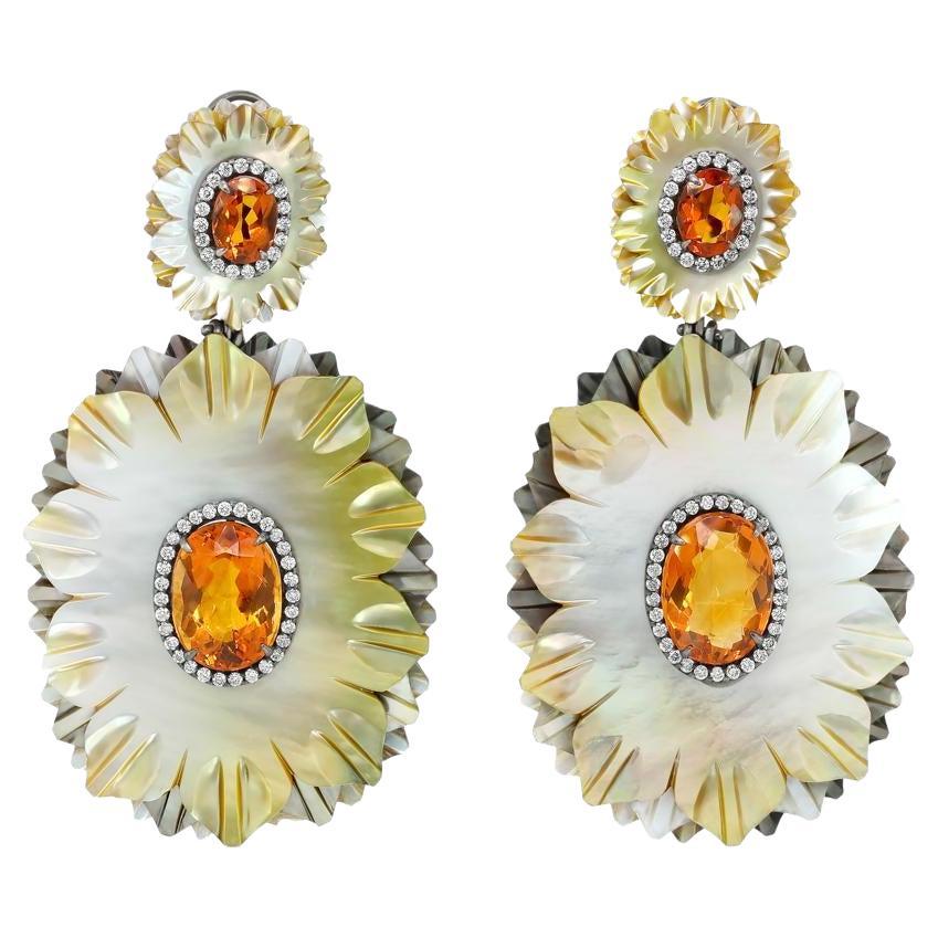 Silvia Furmanovich 18k White Gold Mother of Pearl Citrine Diamond Flower Earring For Sale