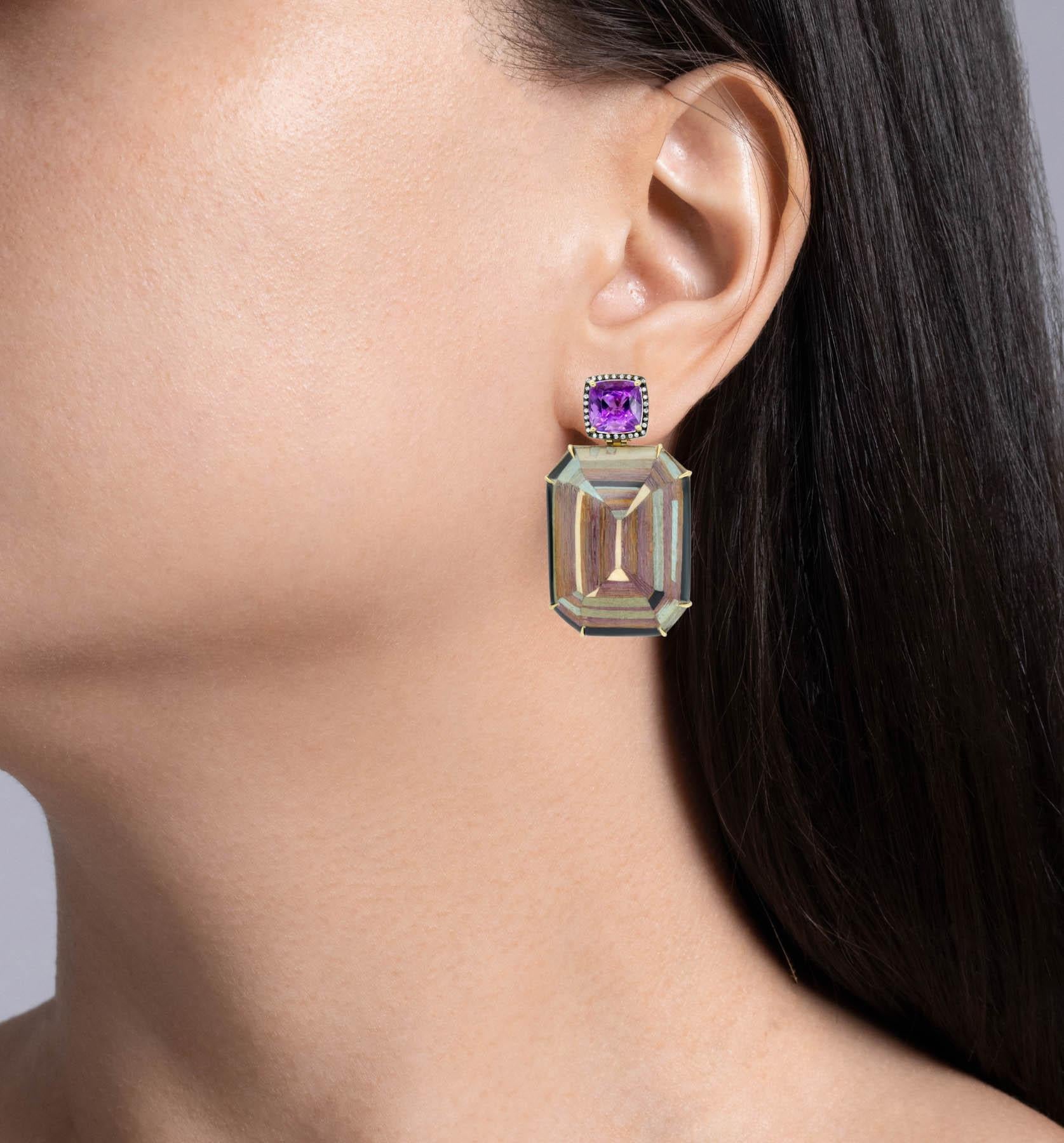 Silvia Furmanovich 18k Yellow Gold Amethyst and Diamond Marquetry Wood Rectangular Drop Earrings 
Set with 2 Cushion shaped Amethyst; estimated total weight is 14.43ctw.
The Amethysts are surrounded with 0.30ctw of diamonds.
Each earring is almost 2
