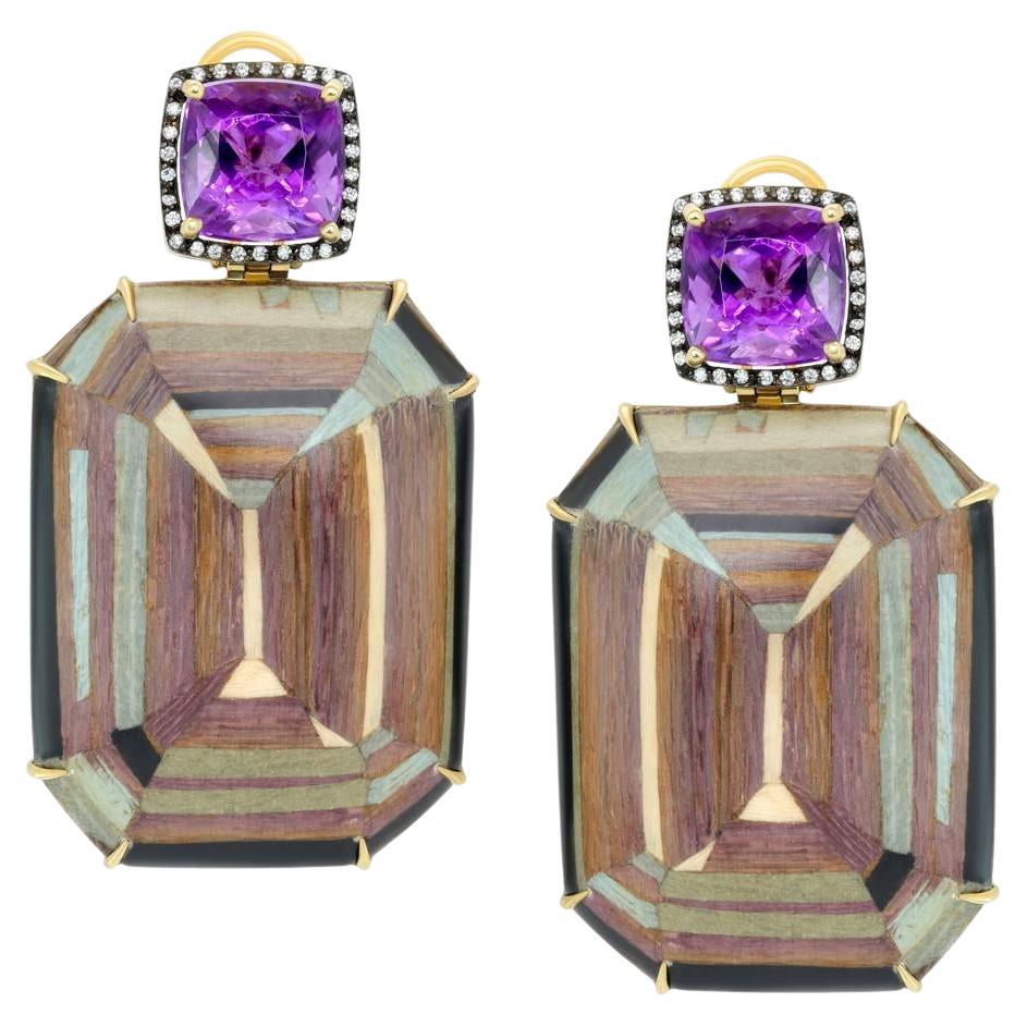 Silvia Furmanovich 18k Yellow Gold Amethyst Diamond Marquetry Wood Earrings For Sale