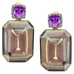 Vintage Silvia Furmanovich 18k Yellow Gold Amethyst Diamond Marquetry Wood Earrings