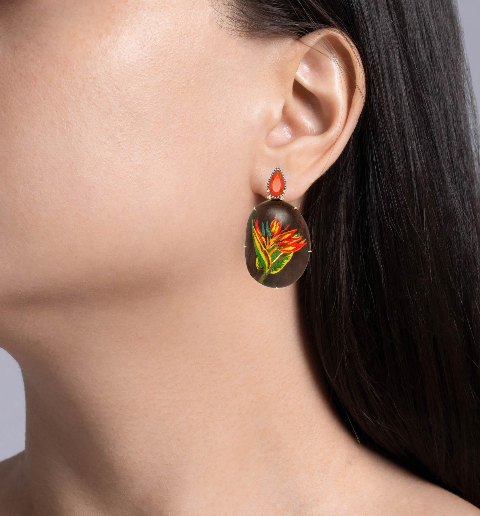 Silvia Furmanovich 18k Yellow Gold Fire Opal and Diamond Marquetry Wood Drop Earrings 
Set with 2 Pear shaped Fire Opals; estimated total weight is 4.06ctw 
The opals are surrounded with 0.27ctw of round diamonds.
Each earring is almost 2.5 inches