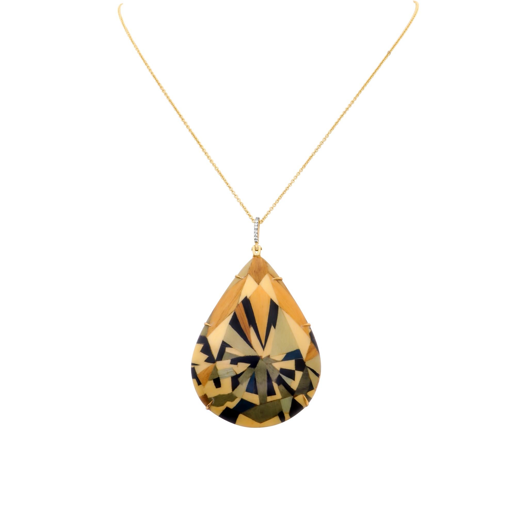Round Cut Silvia Furmanovich 18k Yellow Gold Diamond Marquetry Wood Pear Shaped Pendant For Sale