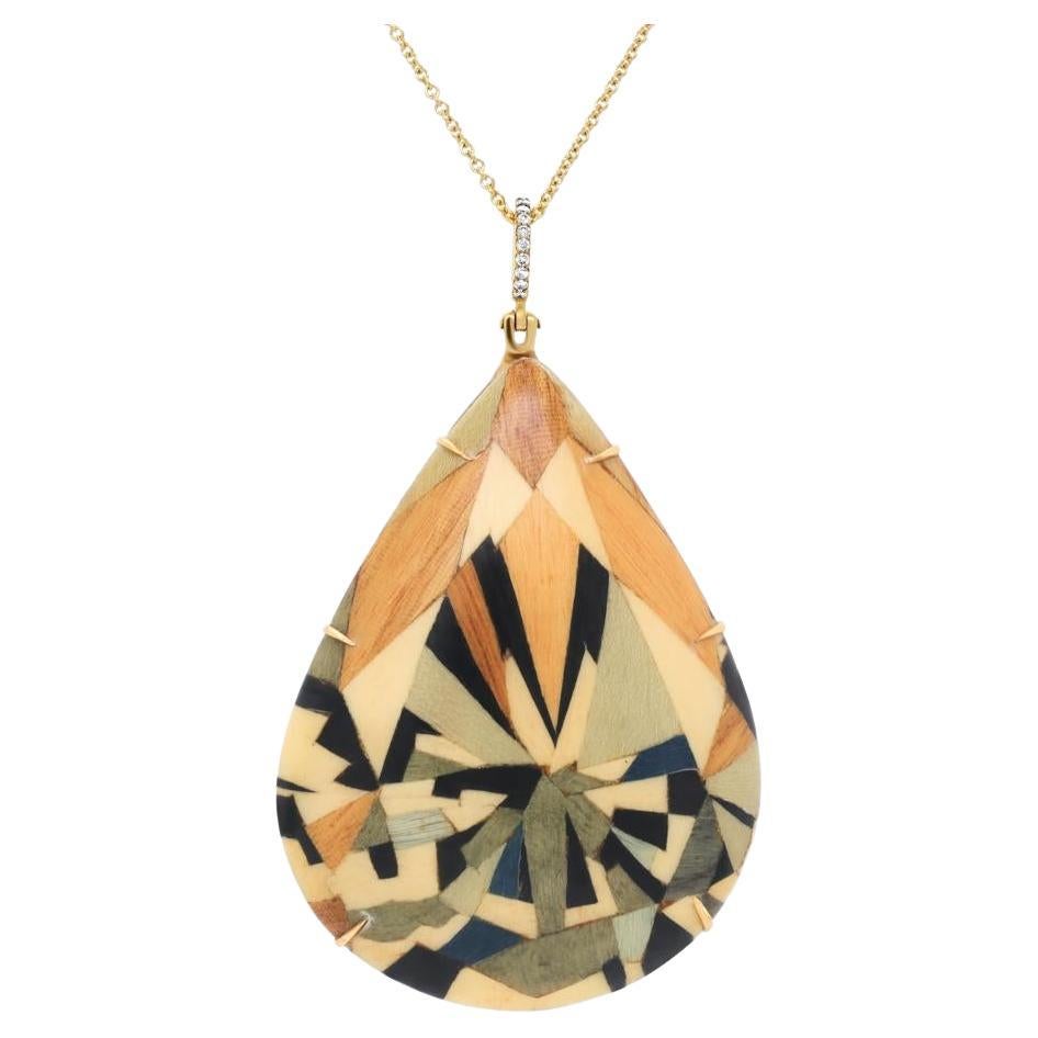 Silvia Furmanovich 18k Yellow Gold Diamond Marquetry Wood Pear Shaped Pendant For Sale
