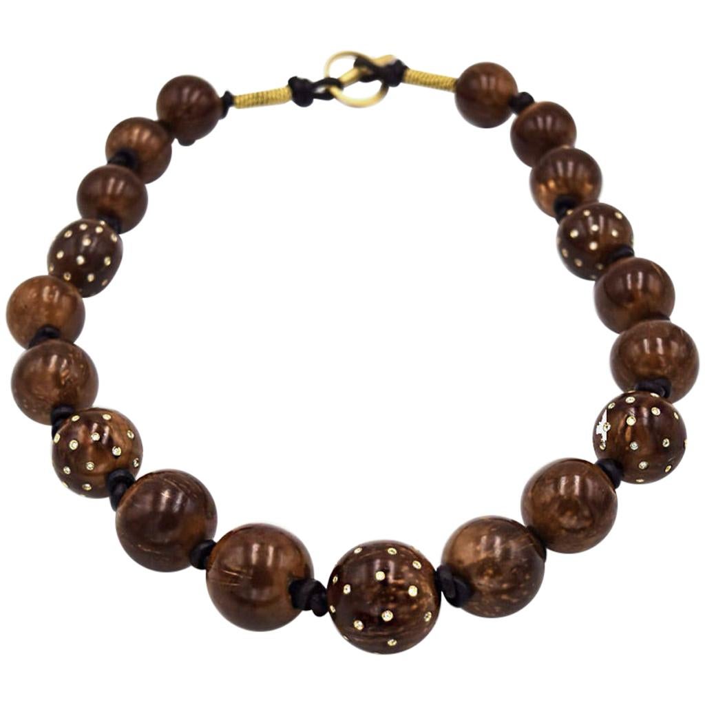 Silvia Furmanovich Coconut Beads Necklace with Diamonds and 18 Karat Yellow Gold For Sale