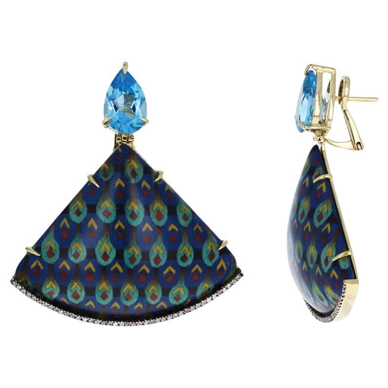 Silvia Furmanovich Egypt Marquetry Fan Earrings, Blue Topaz, Diamonds 
18K Gold For Sale