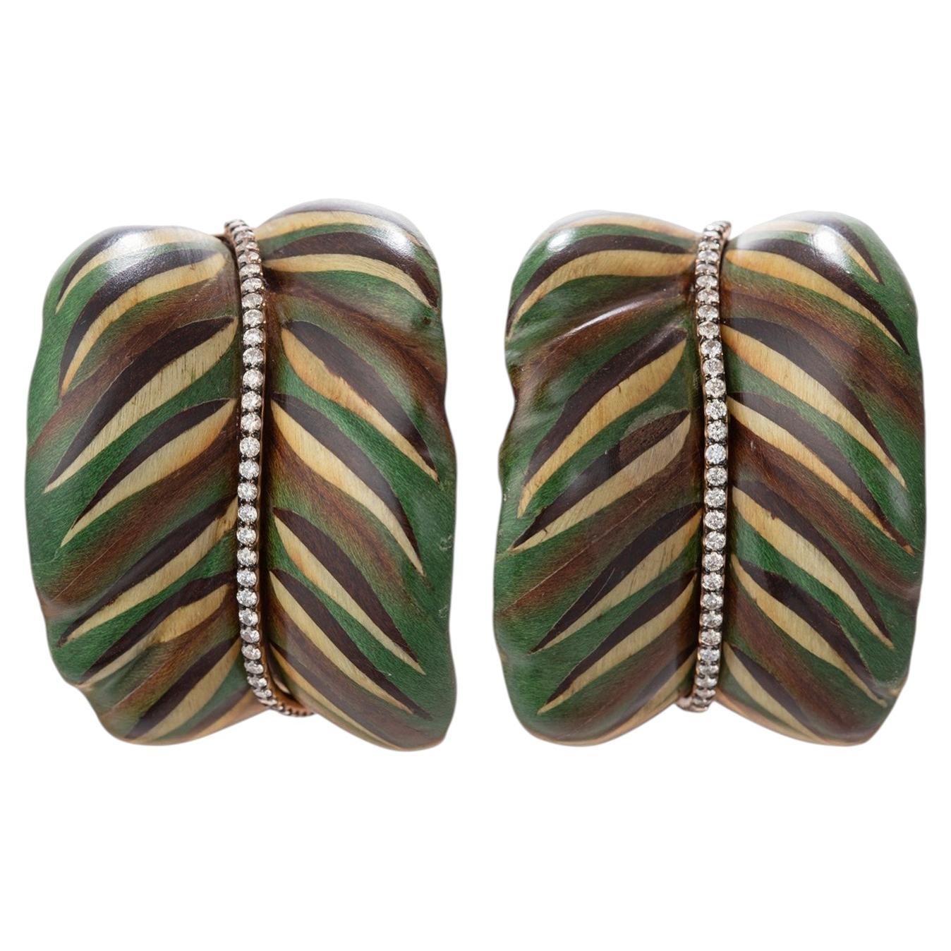 Silvia Furmanovich Große geschwungene Einlegearbeiten Wood Diamond Botanical Ohrringe im Angebot