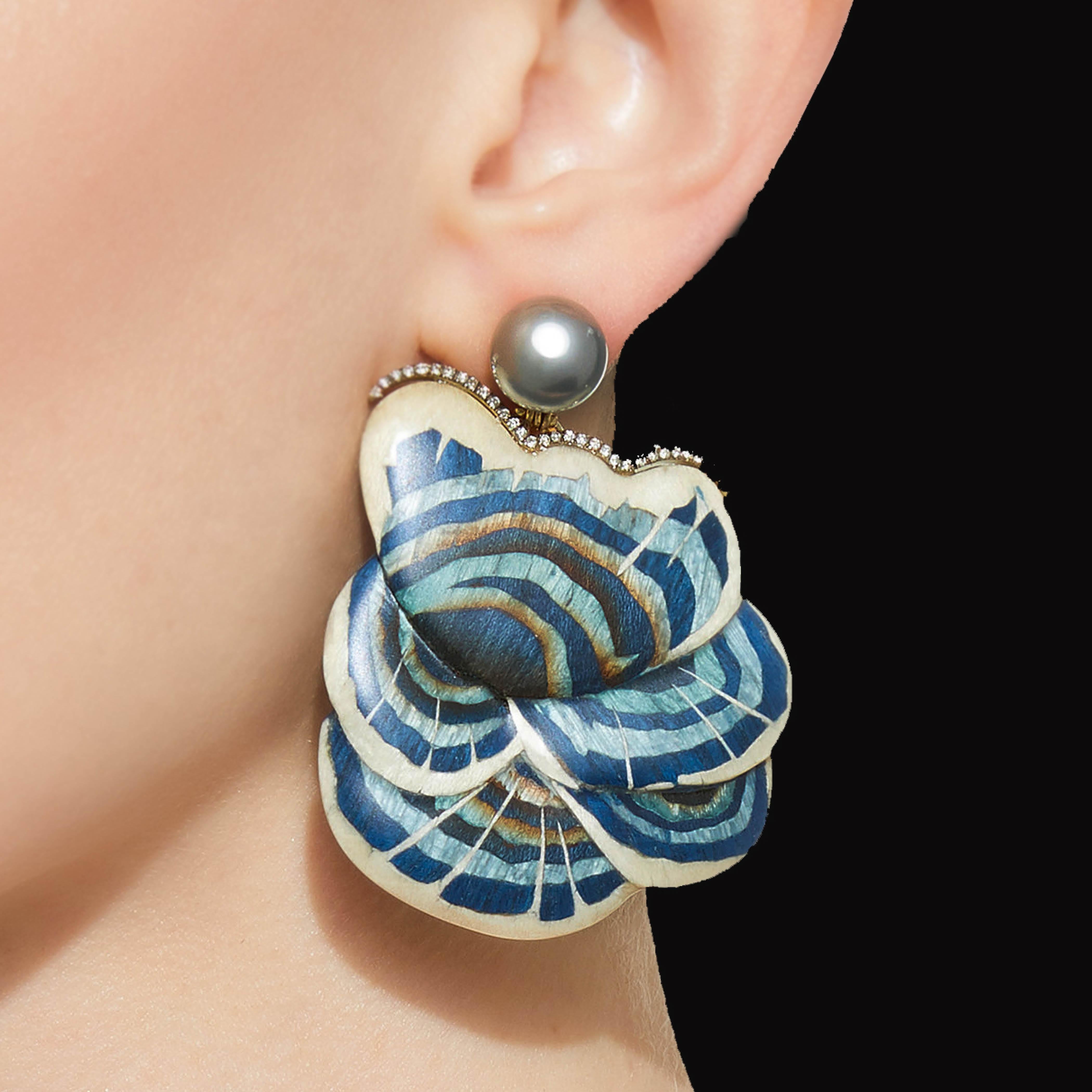 Artisan Silvia Furmanovich Marquetry Blue Mushroom Earrings For Sale