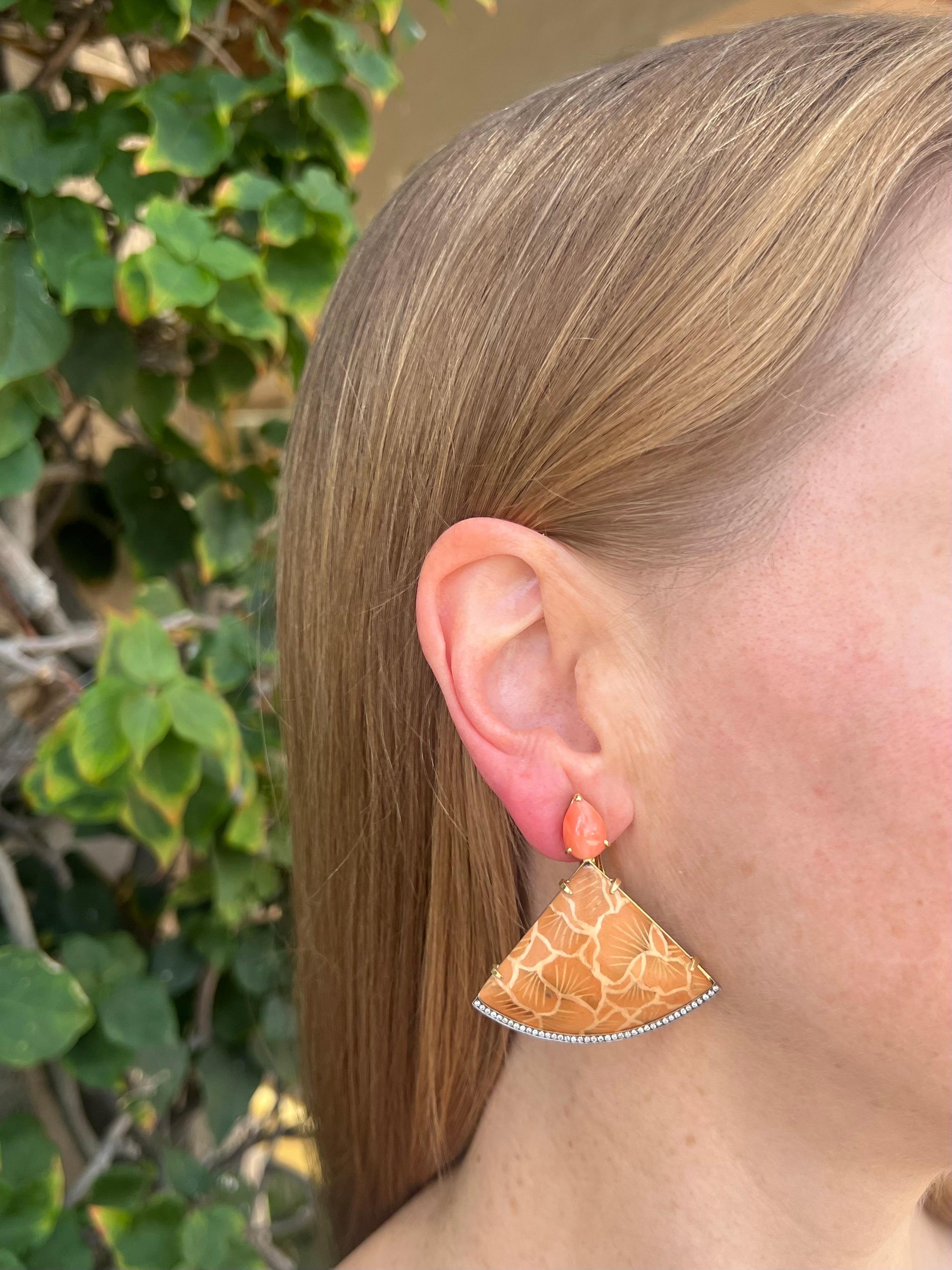 Silvia Furmanovich Pink Opal Diamond Marquetry Wood Drop Earrings For Sale 5