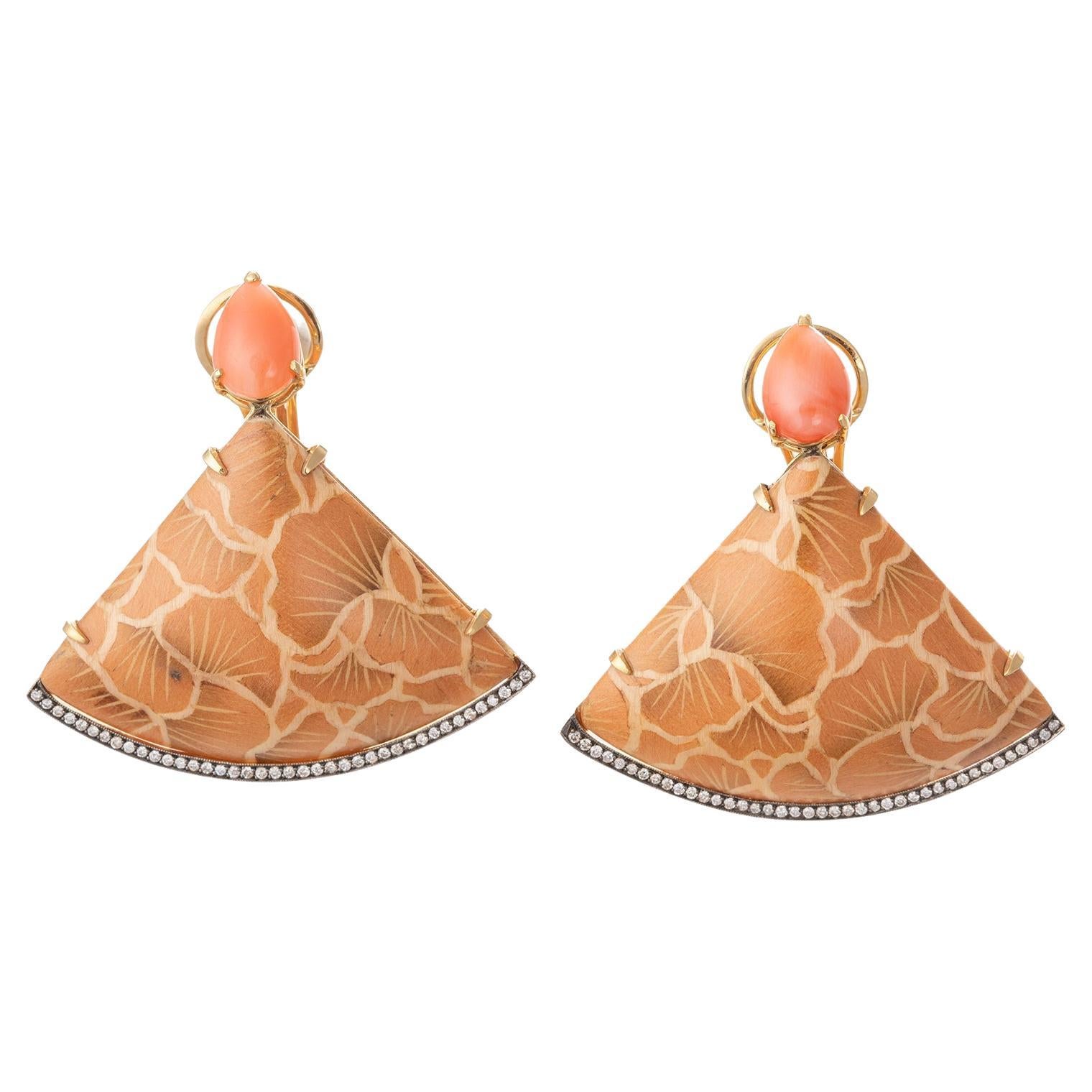 Silvia Furmanovich fan-shaped drop earrings in 18k yellow gold, featuring marquetry wood drops with a hand-painted ginkgo leaf pattern and row of light brown diamond accents at bottom. The drops each suspended from a oval-shaped cabochon pink opal.