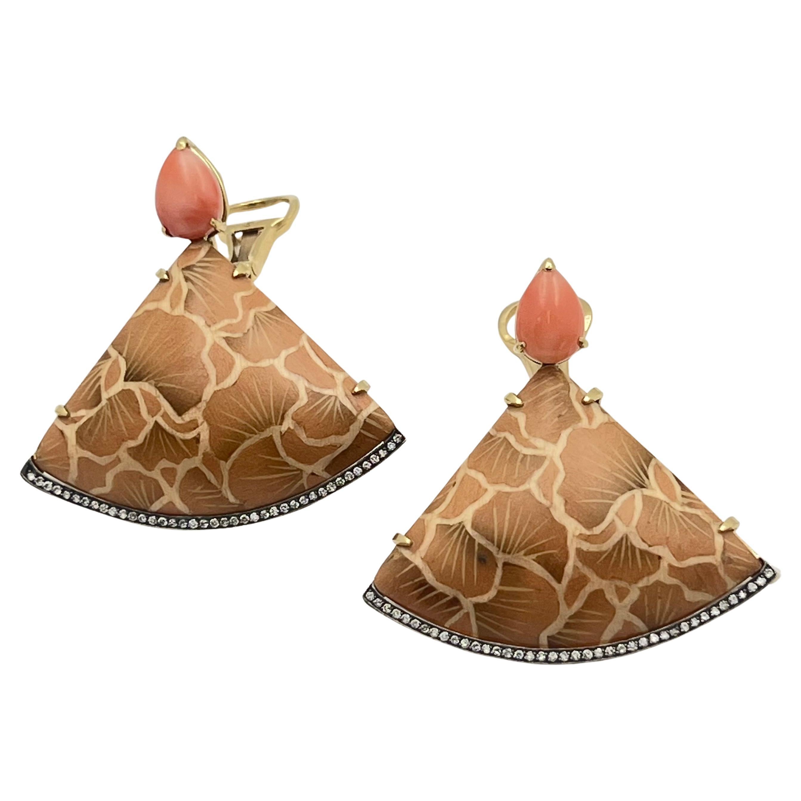 Silvia Furmanovich Pink Opal Diamond Marquetry Wood Drop Earrings For Sale