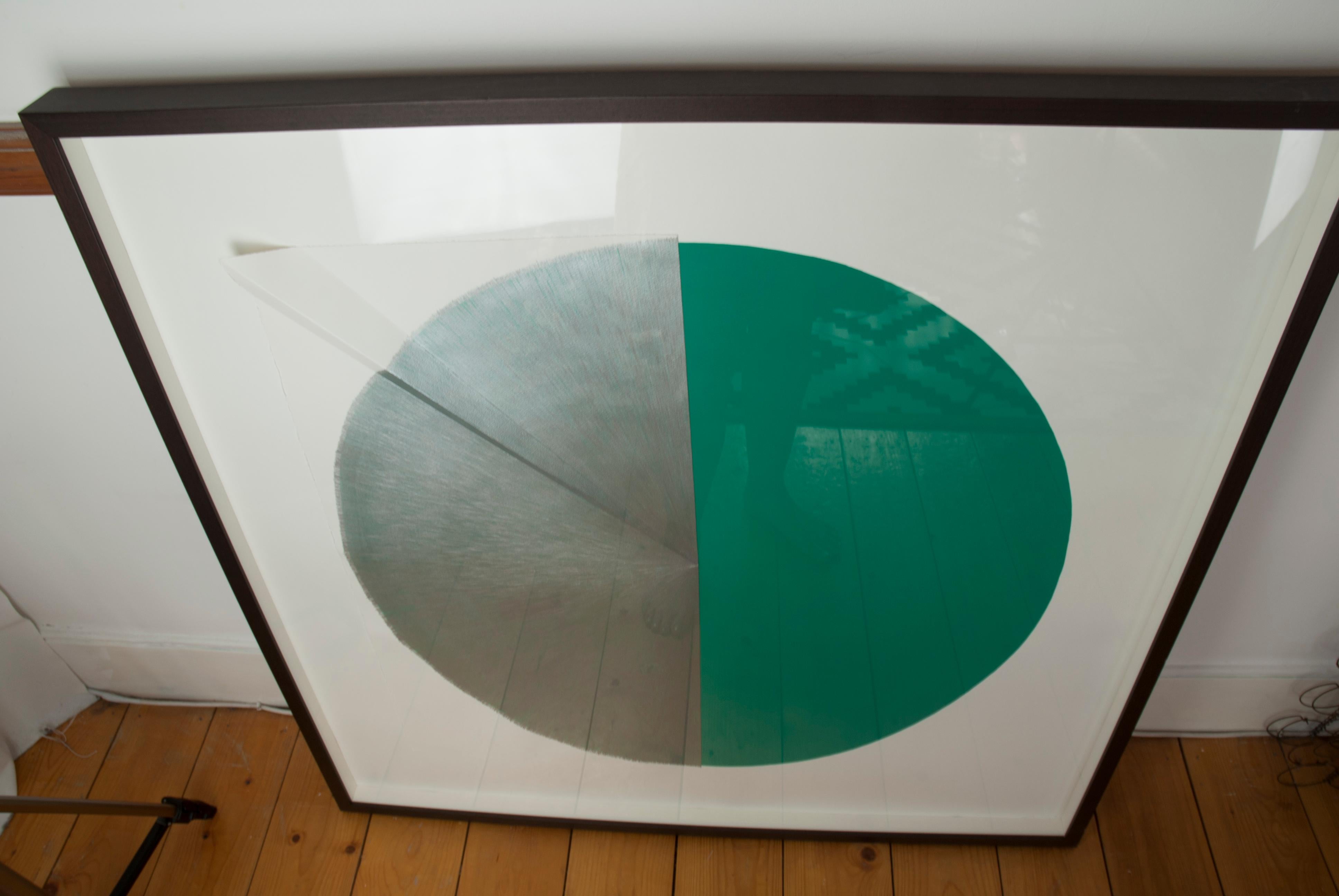 Green Cut Cable I: Circle Painting on paper and wood by Silvia Lerin For Sale 8