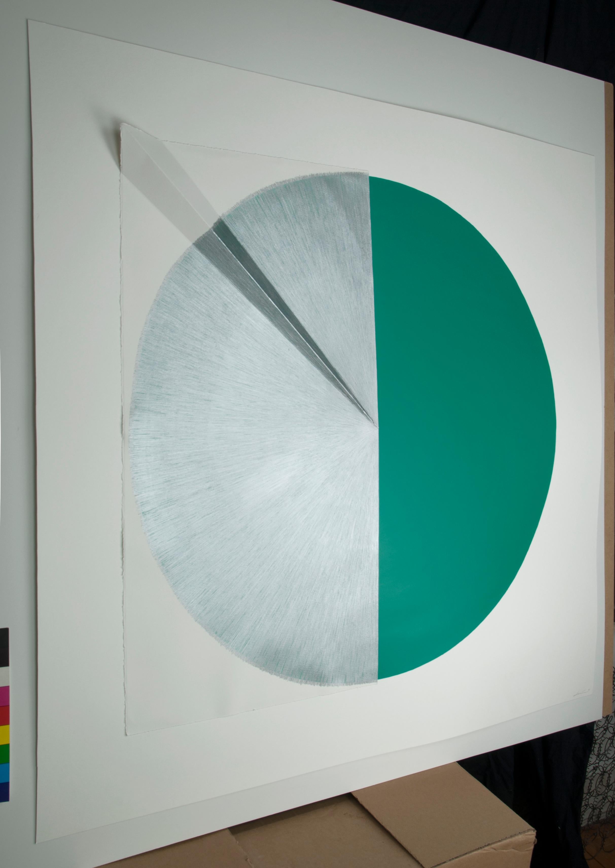 Green Cut Cable I: Circle Painting on paper and wood by Silvia Lerin