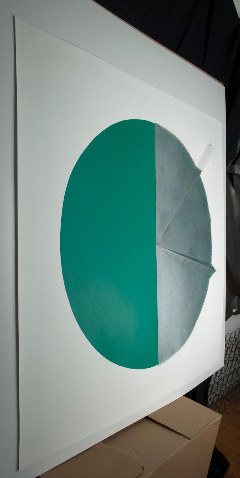 Green Cut Cable II: Circle Painting on paper and wood by Silvia Lerin For Sale 1