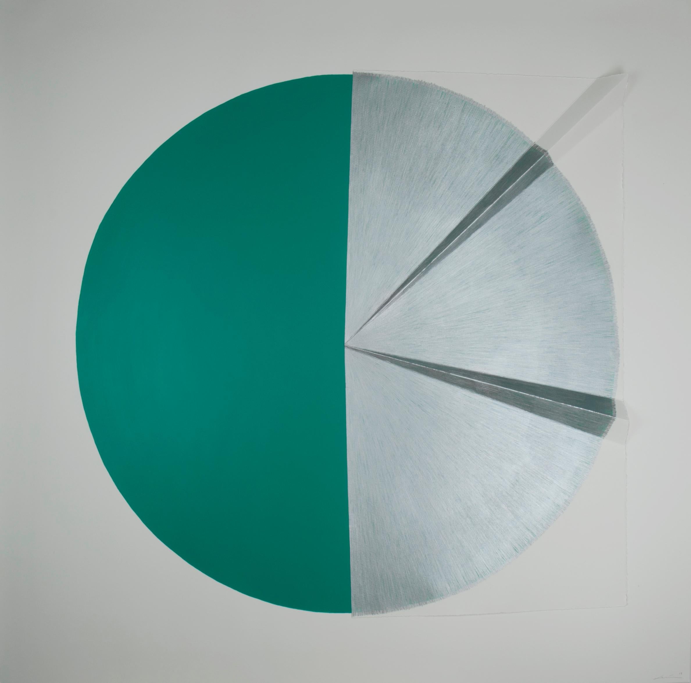 Green Cut Cable II: Circle Painting on paper and wood by Silvia Lerin