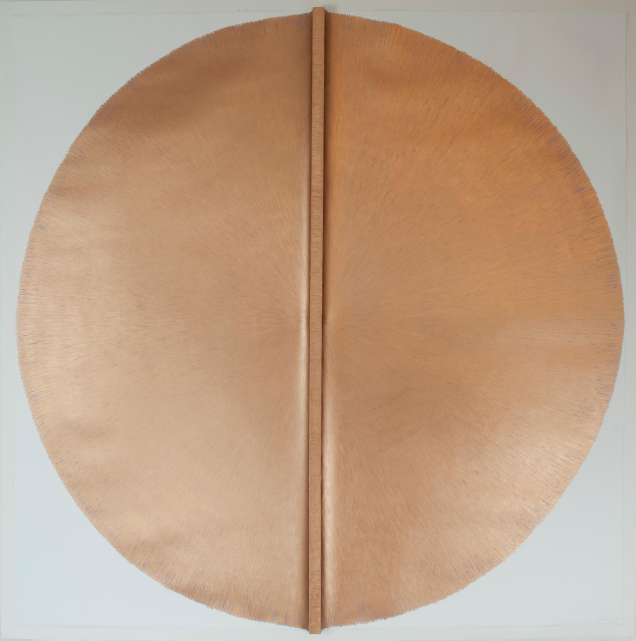 Solid Rod IX: Large, Gold Circle Painting on paper and wood by Silvia Lerin