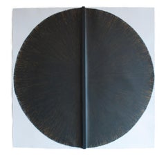 Solid Rod VII: Large, Black Circle Painting on paper and wood by Silvia Lerin