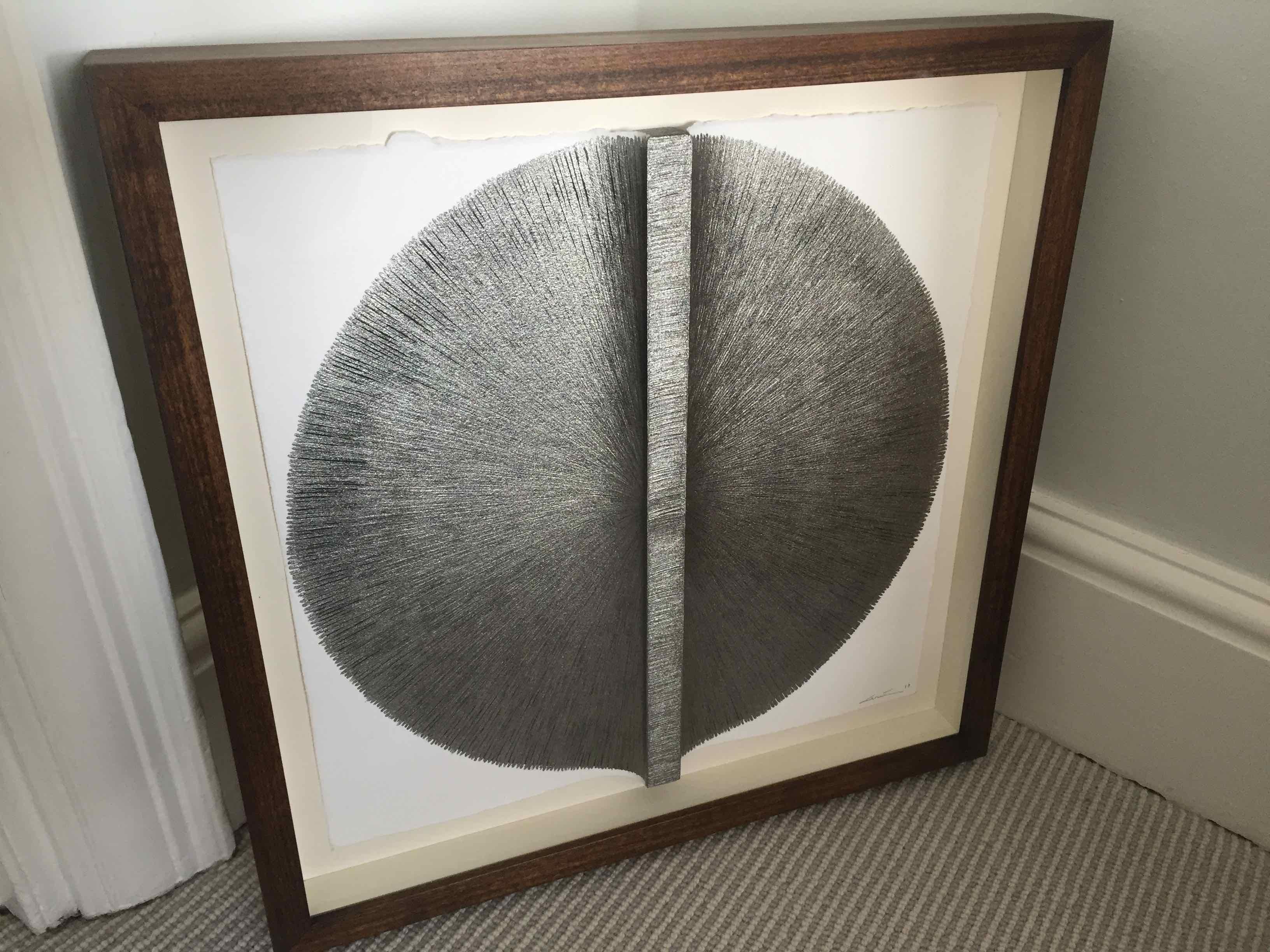 Solid Rod XI: Silver Circle Painting on paper and wood by Silvia Lerin For Sale 1