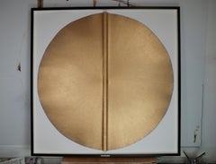 Solid Rod XXXI: Large, Gold Circle Painting on paper and wood by Silvia Lerin