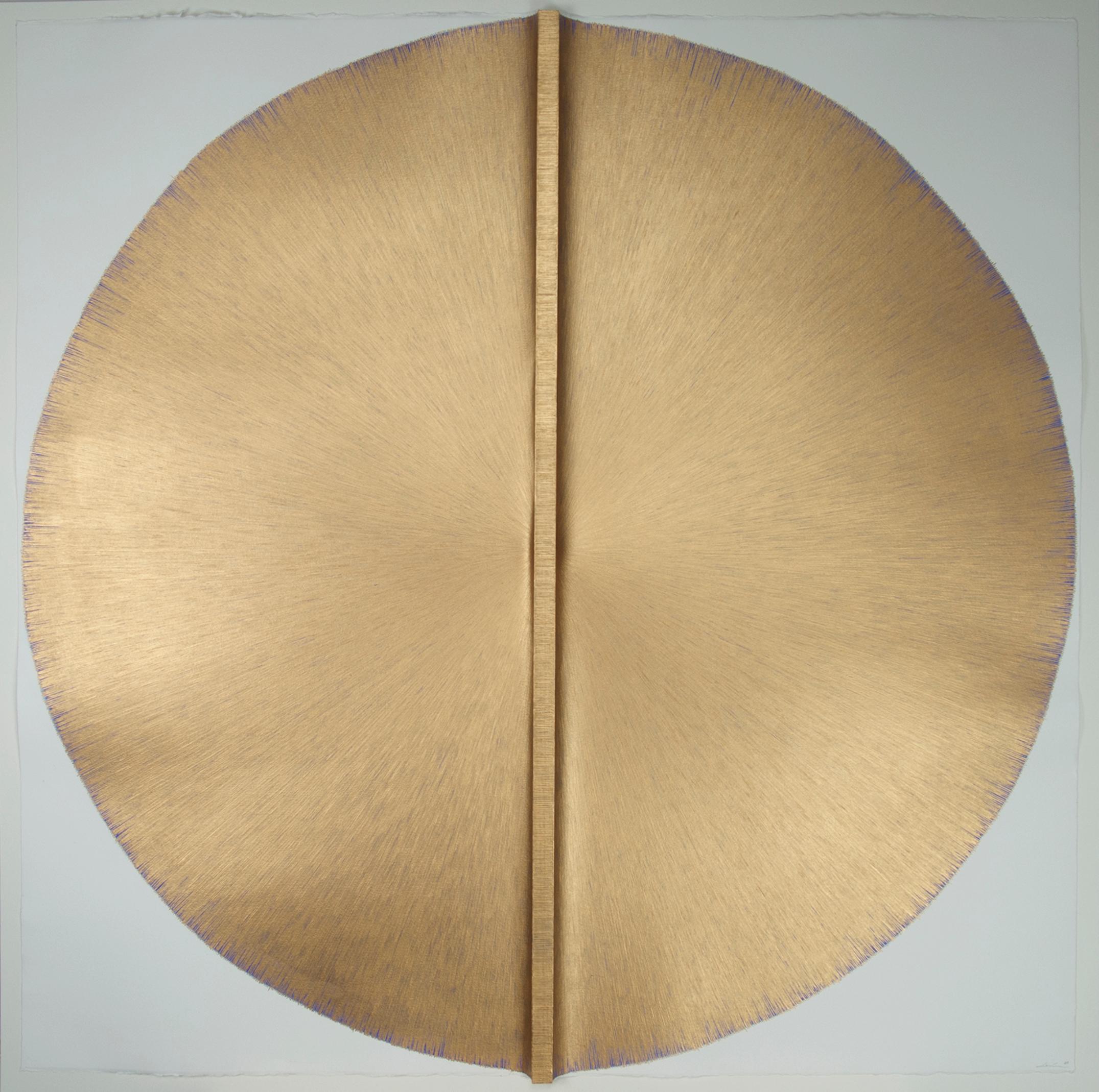 Solid Rod XXXI: Large, Gold Circle Painting on paper and wood by Silvia Lerin