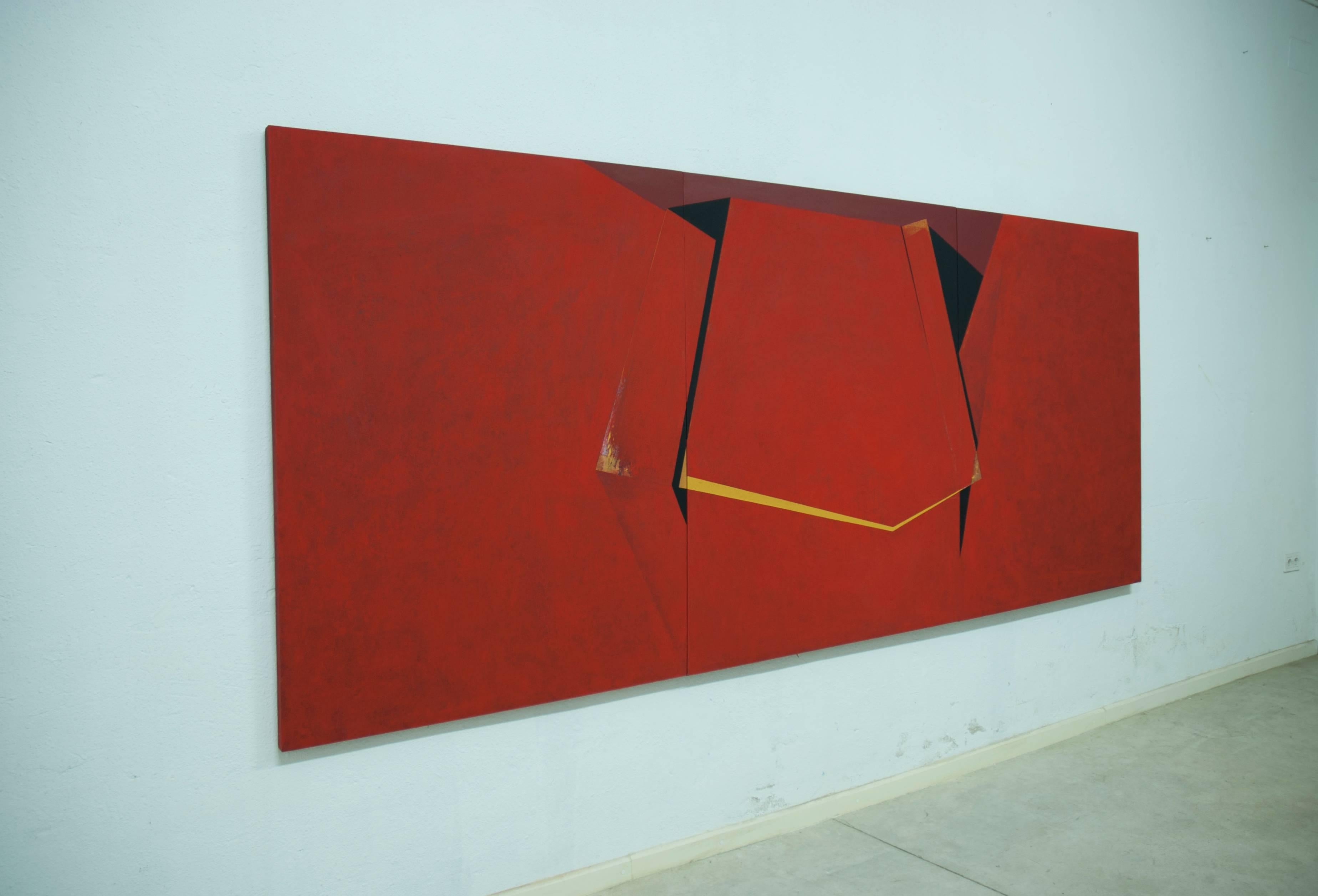 A través del rojo (Through the red), 2013, Mixed media on stretched canvas (triptych), 59 1/10 × 141 7/10 in; 150 × 360 cm

This painting is a triptych of three canvases, aligned to form one complete painting, making handling and shipping