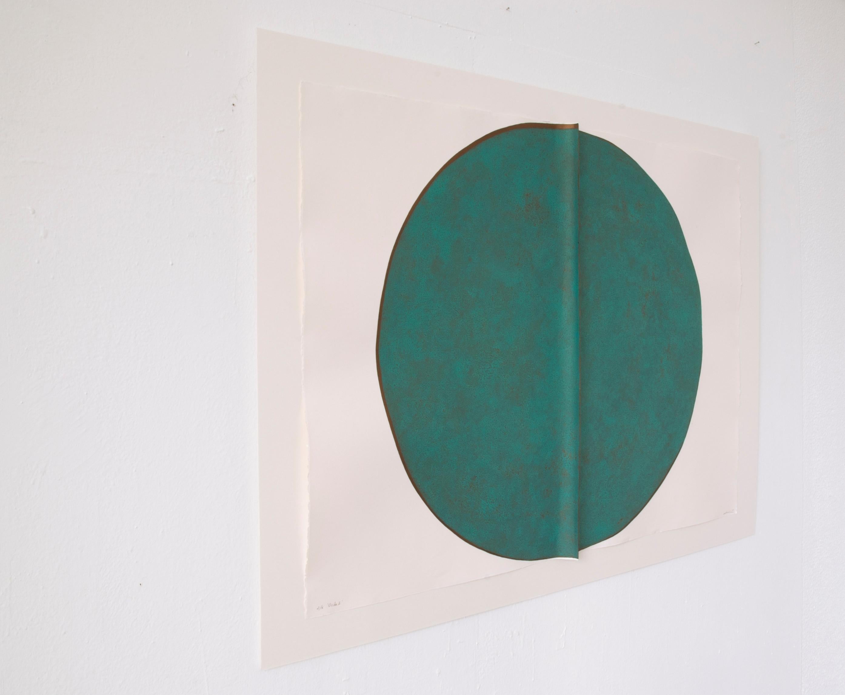 Oxide I: Large, Round, Green and Copper Editioned Collagraph by Silvia Lerin For Sale 4