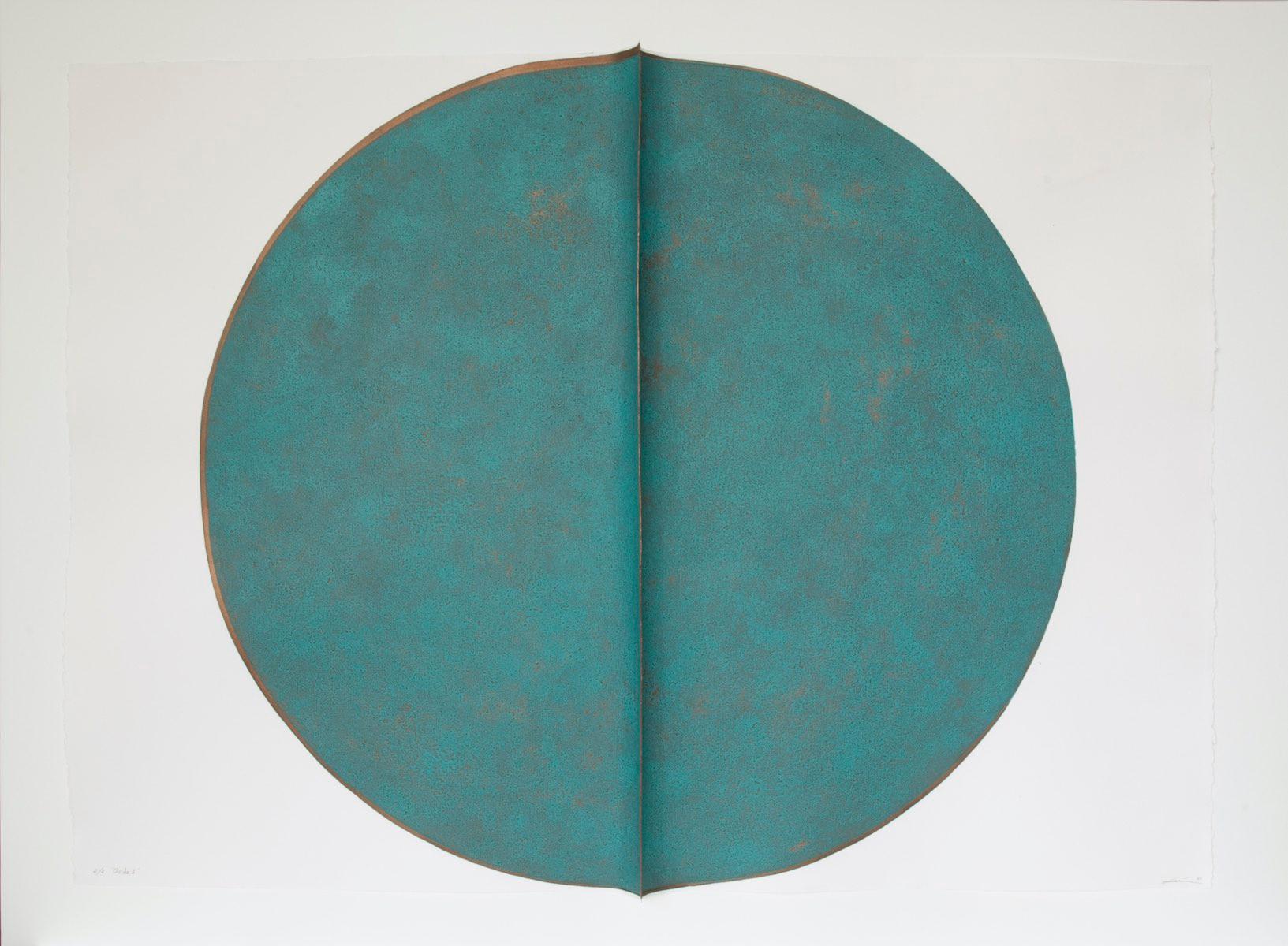 Oxide I: Large, Round, Green and Copper Editioned Collagraph by Silvia Lerin