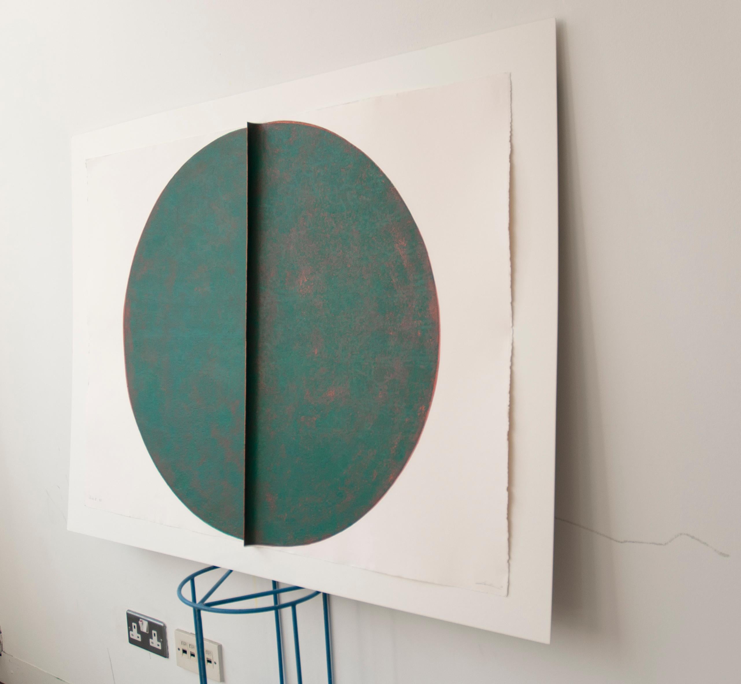 Oxide II: Large, Round, Green and Copper Editioned Collagraph by Silvia Lerin For Sale 3