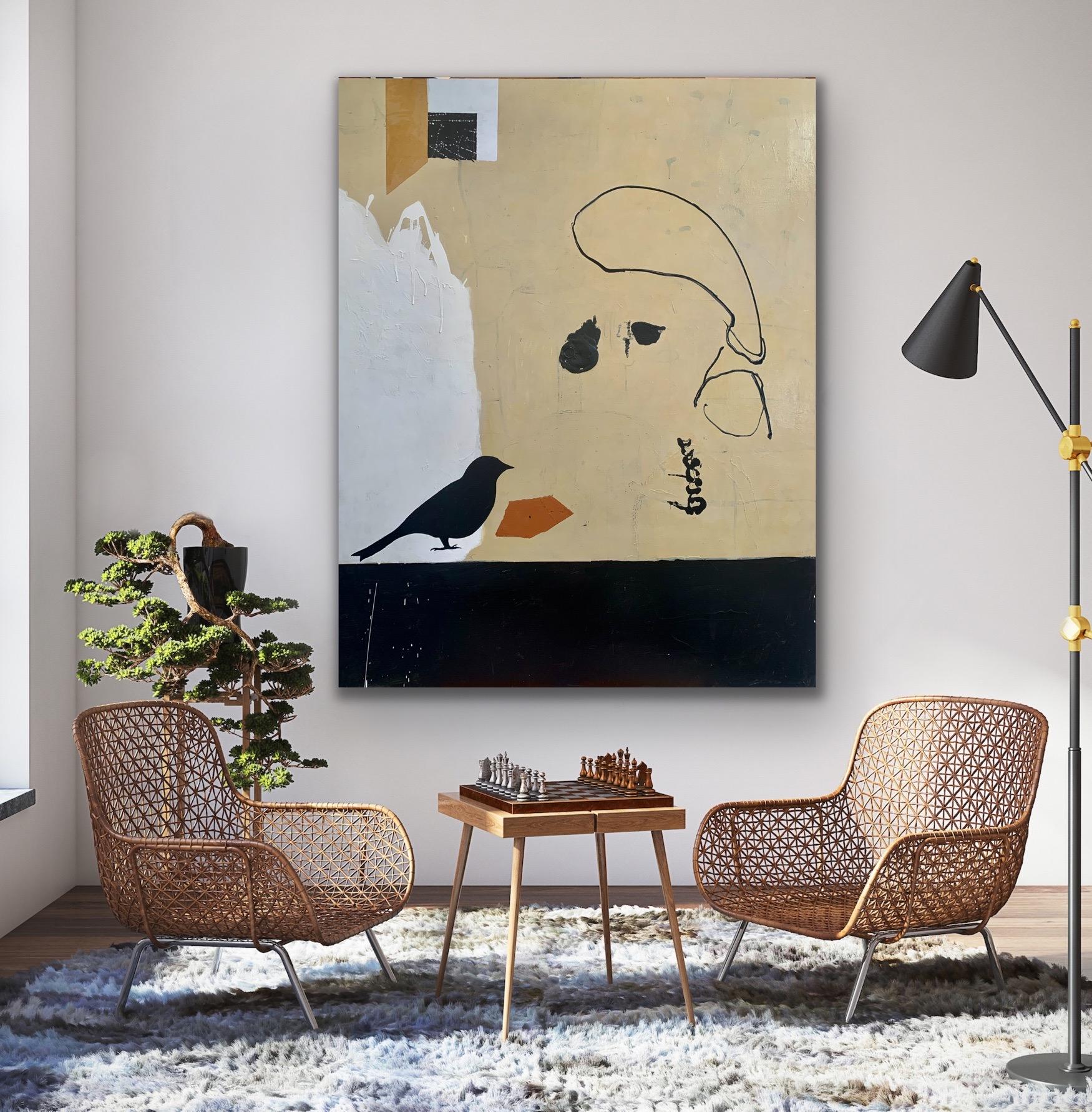 APRIL CREAM - brown, white and black abstract painting with bird - Painting by Silvia Poloto