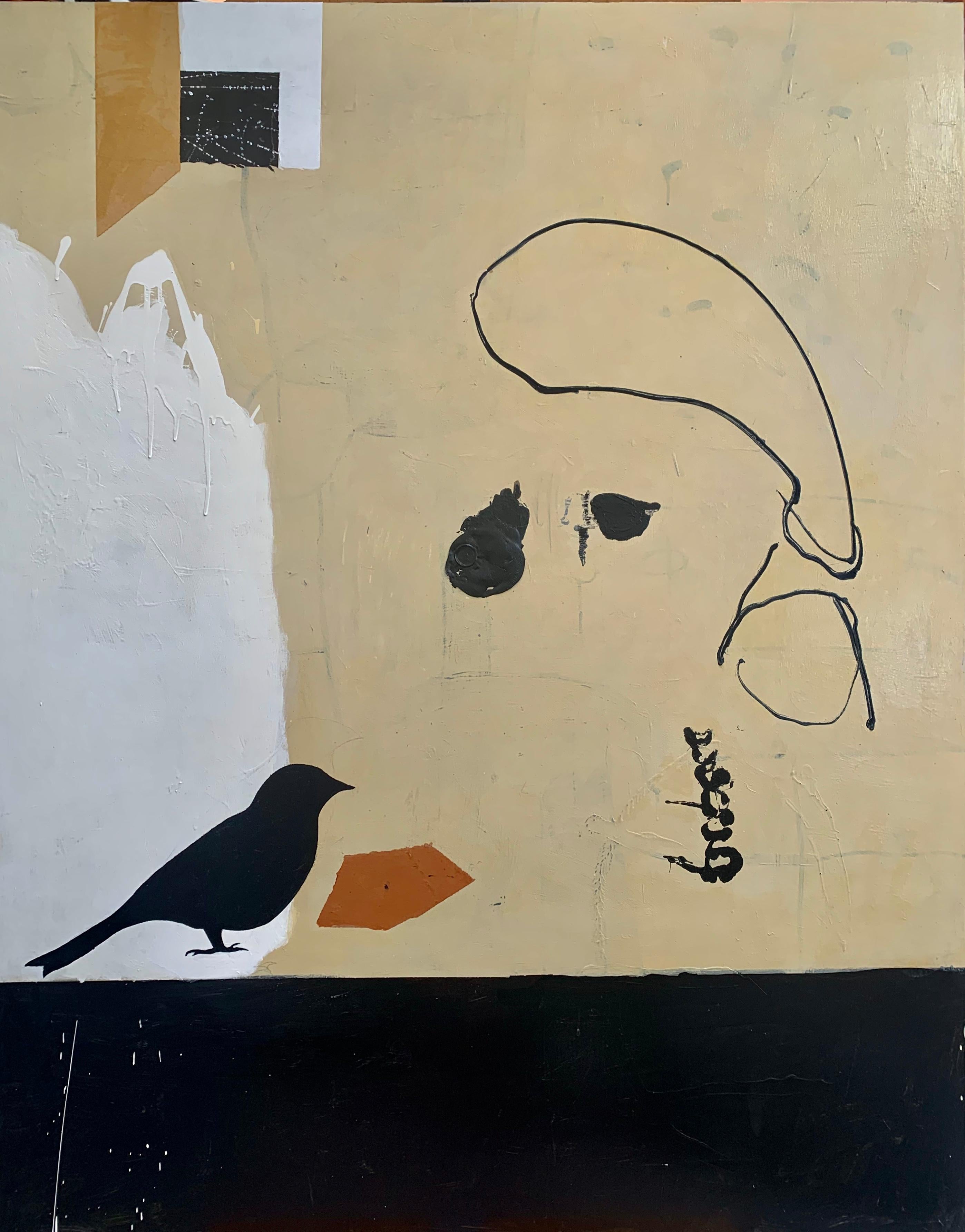 APRIL CREAM - brown, white and black abstract painting with bird