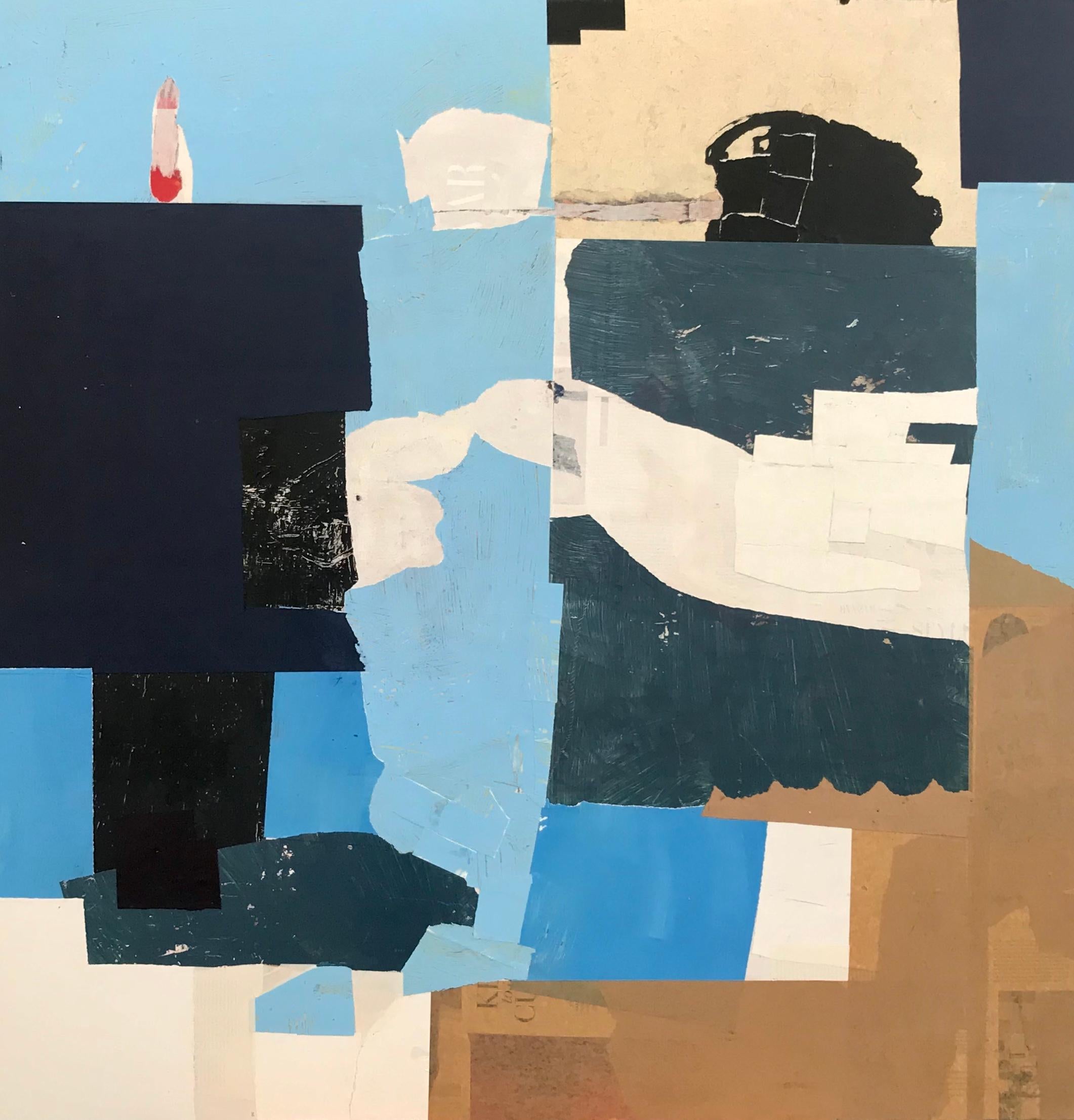 BLUE I - blue, brown, and white abstract painting and collage  - Painting by Silvia Poloto